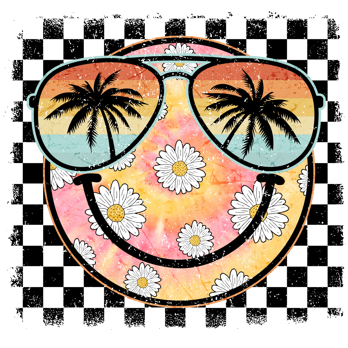 Checkered Beach Smiley Face with Palms and Glasses - DTF Transfer