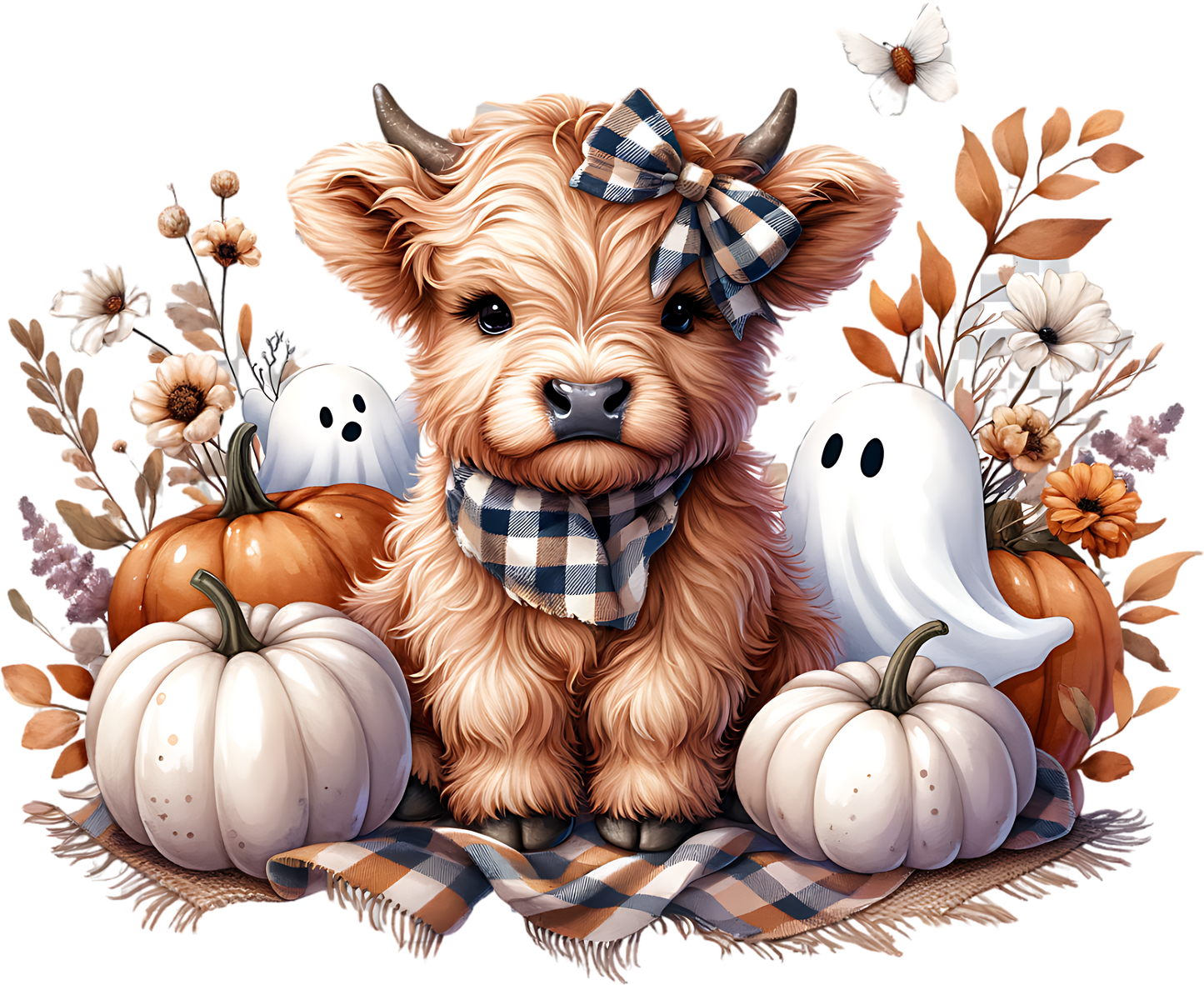 Highland Cow Fall with Ghost & Pumpkins