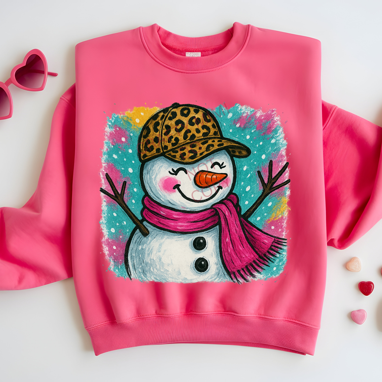Snowman Girl with Cheetah Print Hat & Pink Scarf