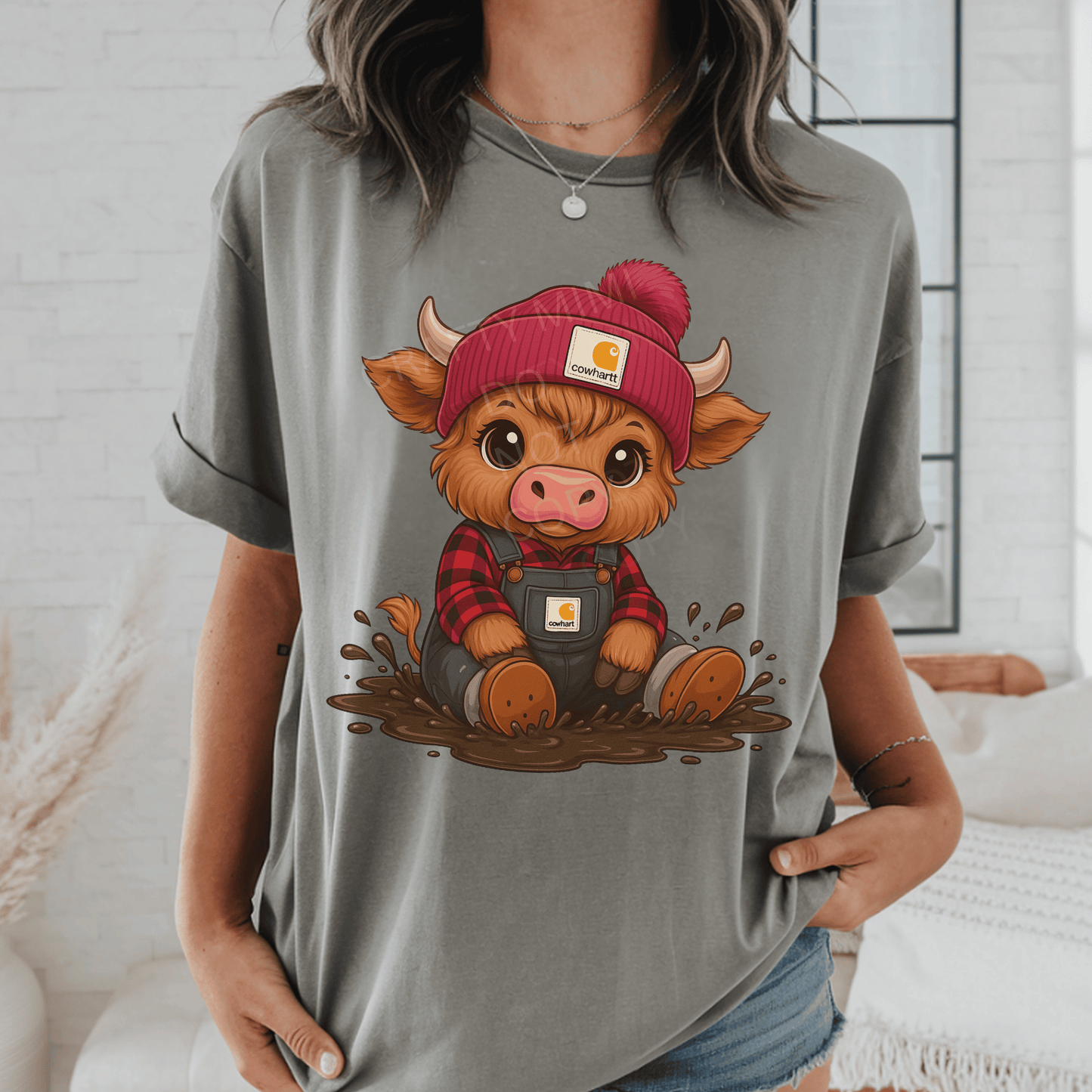 Highland Cow “Cowhartt” Muddy Farm Baby DTF Transfer – Cute Pink Beanie, Overalls, Farm Life Print – Ready to Press DTF Shirt Design