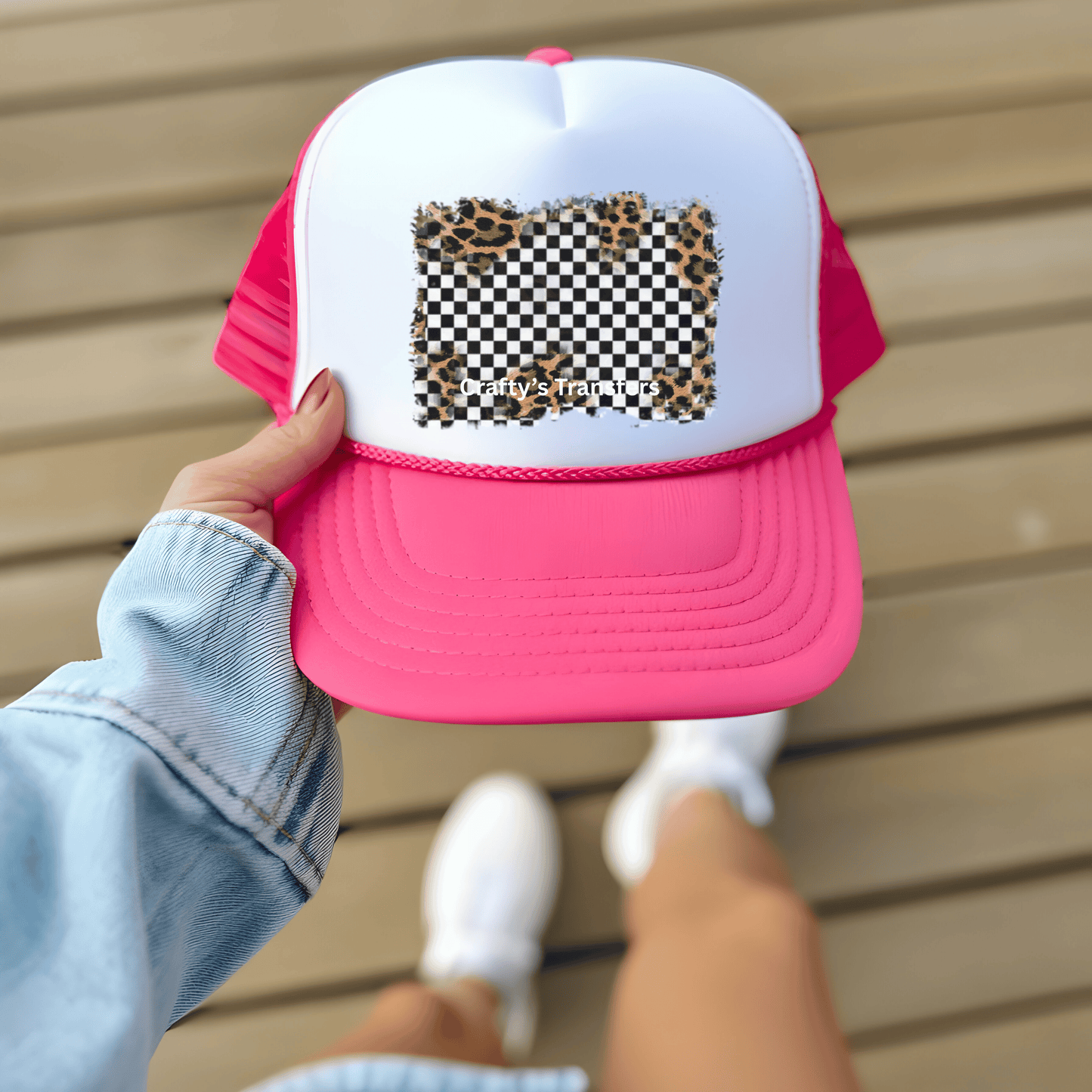 Leopard Checkered Grunge DTF Trucker Hat Transfer – Western Retro Patch | Ready-to-Press Hat Heat Transfer