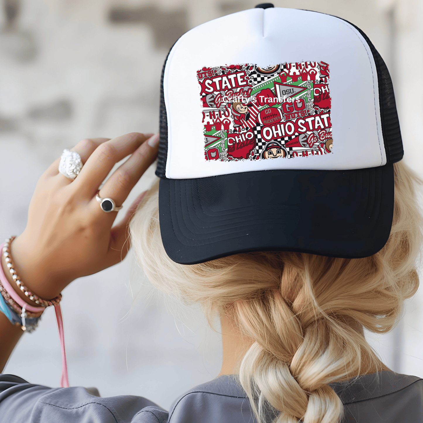 Red & Gray Game Day Fan Collage DTF Trucker Hat Transfer – Mascot Spirit Patch | Ready-to-Press Hat Heat Transfer