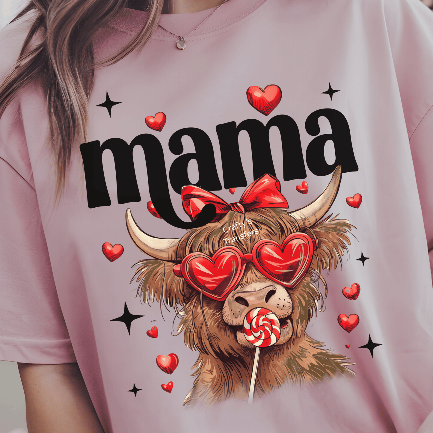 Valentine Highland Cow DTF Transfer β Cow with Heart Glasses, Bow & Lollipop β Cute Valentine Shirt Heat Transfer