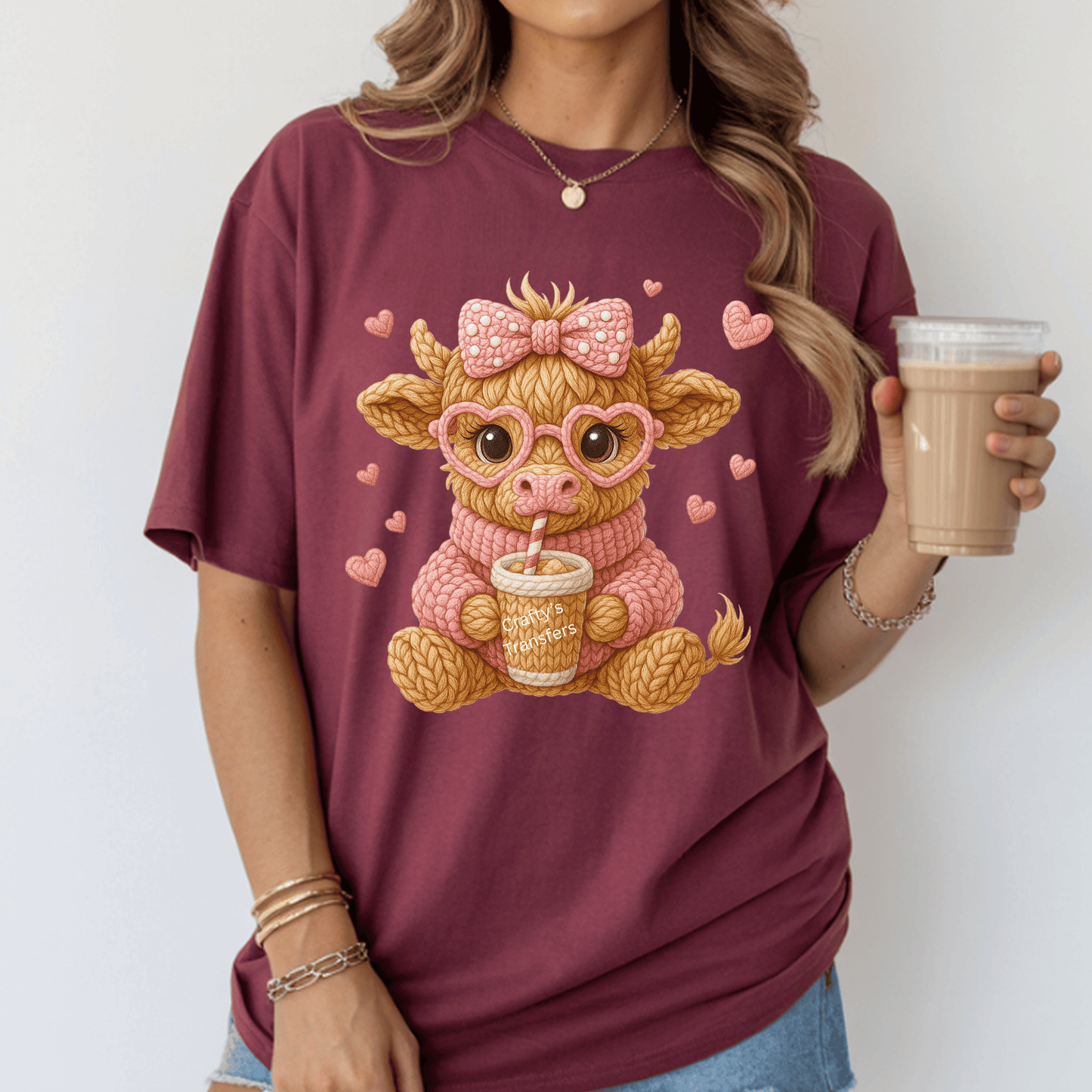 Pink Faux Yarn Highland Cow DTF Transfer – Valentine Cow with Bow & Heart Glasses – Cute Boutique Shirt Heat Transfer