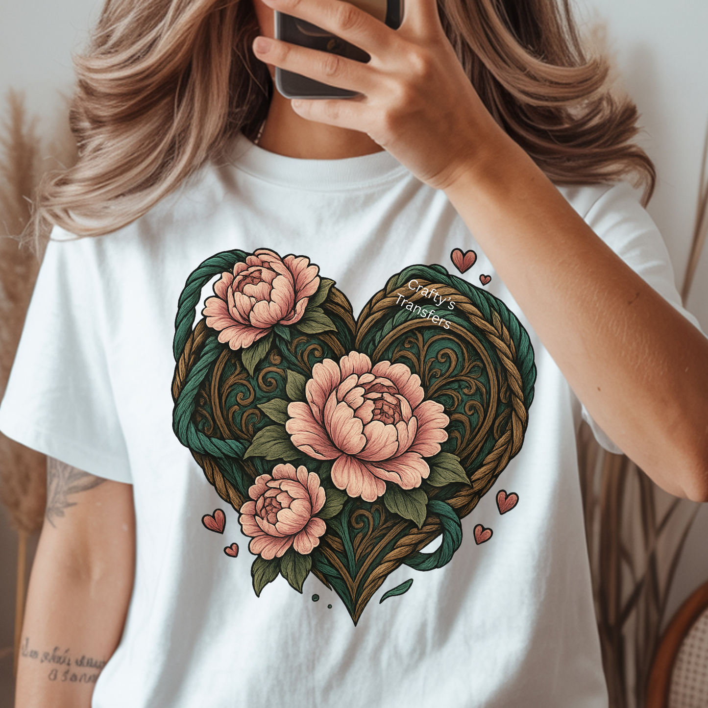Floral Heart DTF Transfer – Peony Heart with Faux Yarn Texture – Romantic Boho Heat Transfer – Ready to Press