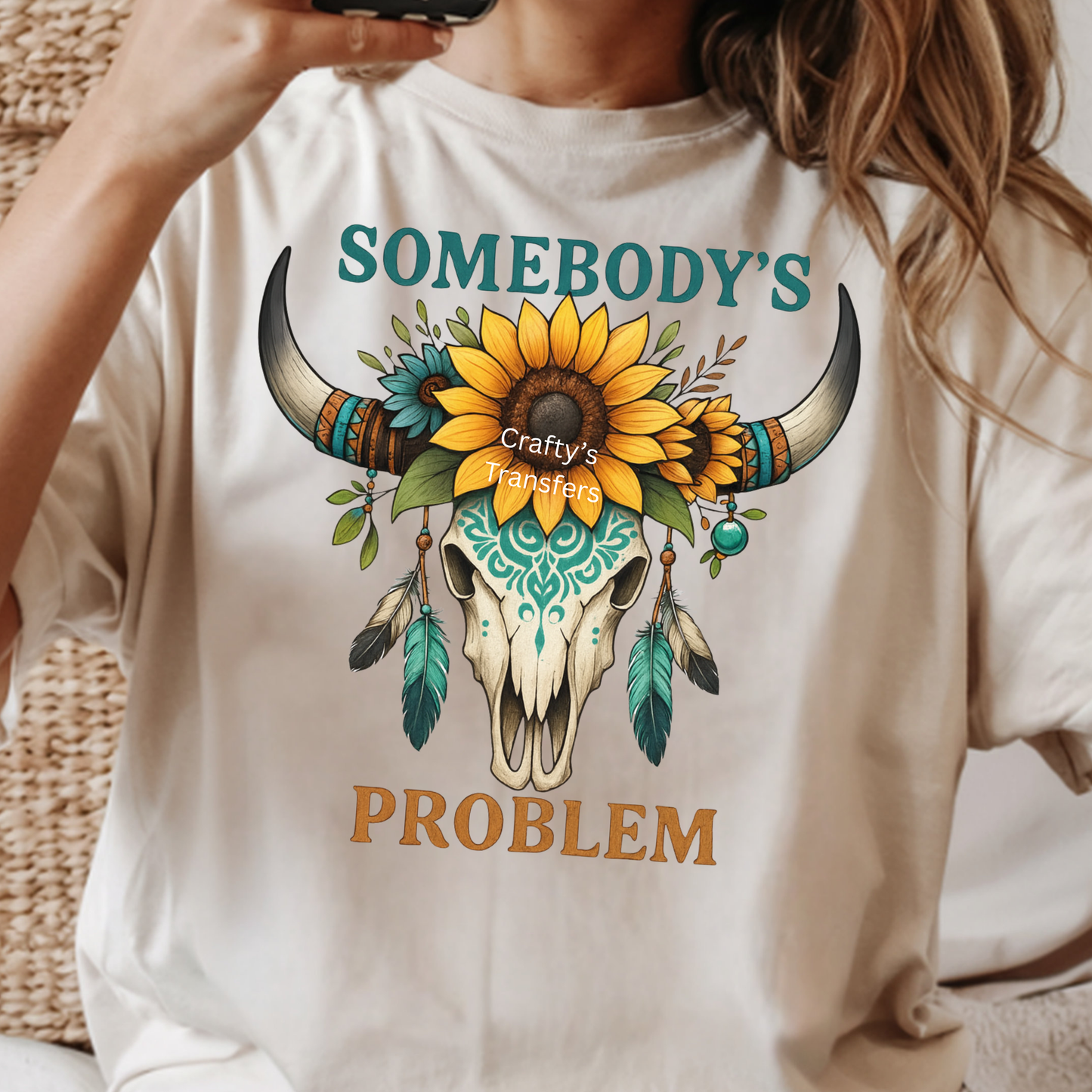Somebody’s Problem Boho Cow Skull DTF Transfer – Sunflower Western Graphic Heat Transfer for Shirts
