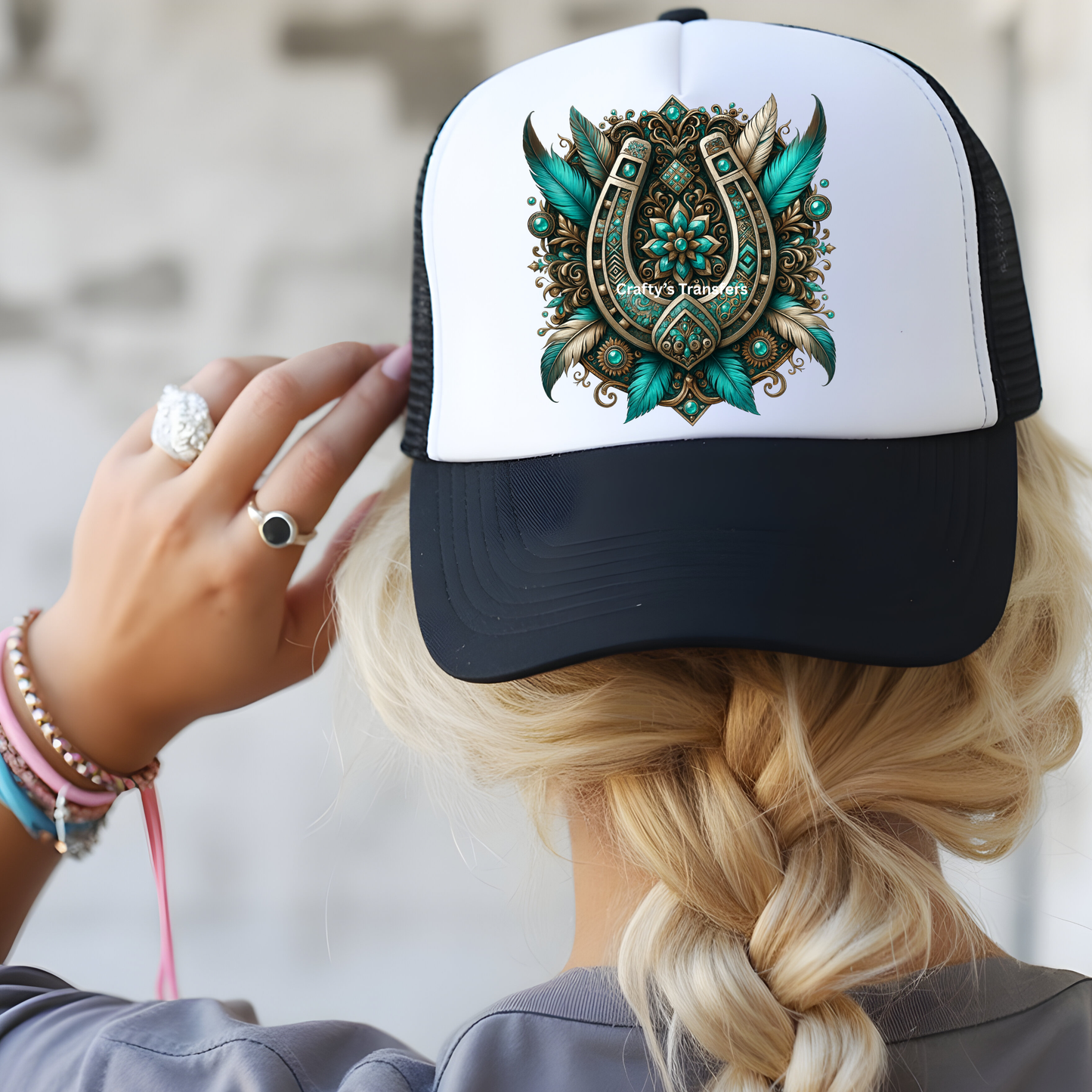 Turquoise Western Horseshoe DTF Transfer – Boho Feather Cowgirl Heat Transfer for Shirts