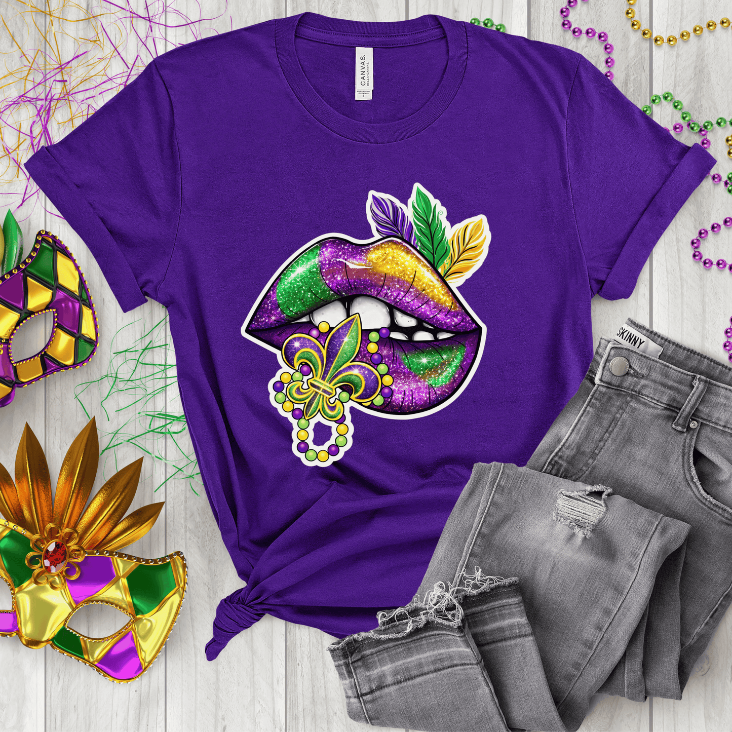 Mardi Gras Glitter Lips DTF Transfer | Purple Green Gold Carnival Heat Transfer for Shirts