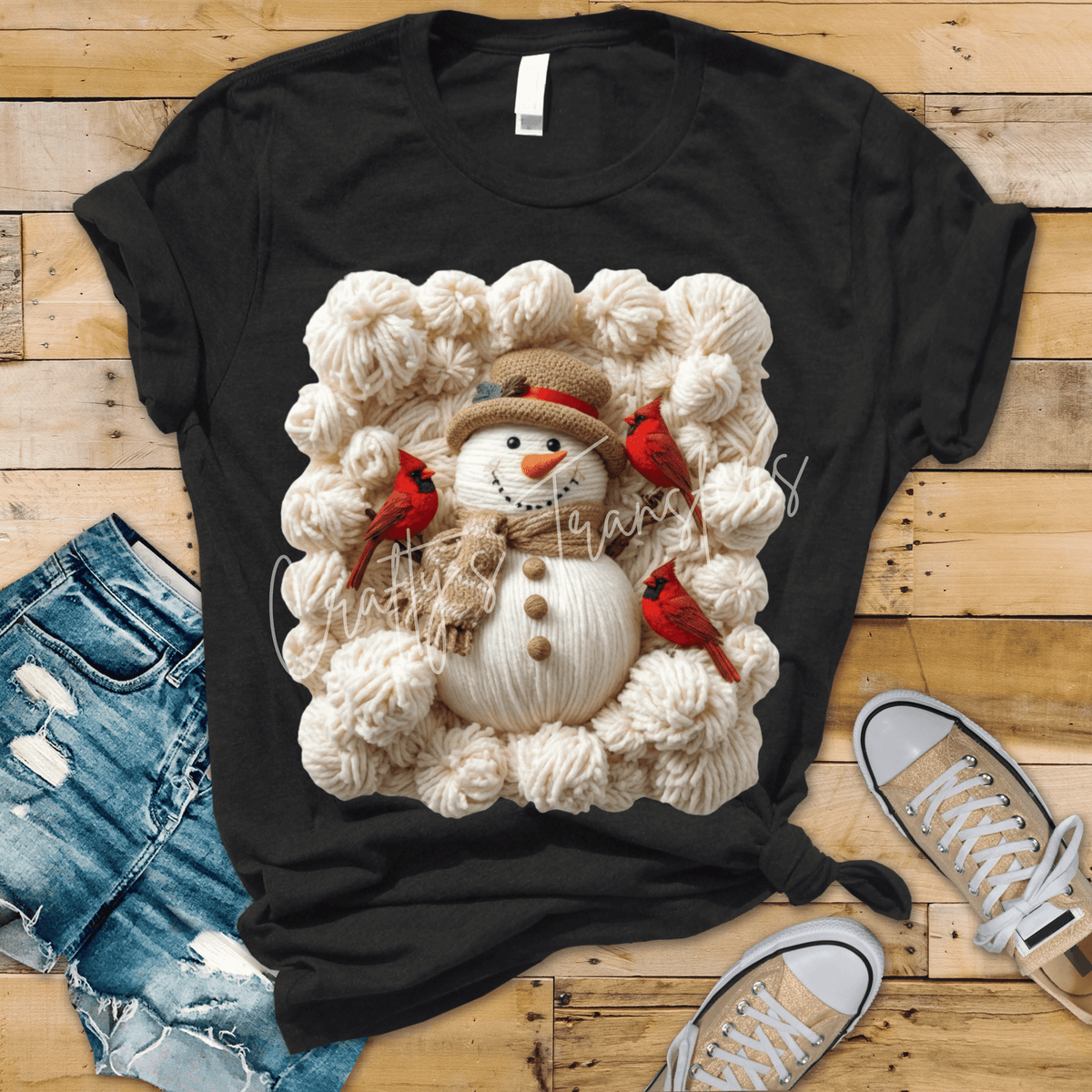 Cozy Snowman with Cardinals DTF Transfer | Winter Faux Yarn Snowman Heat Transfer Design