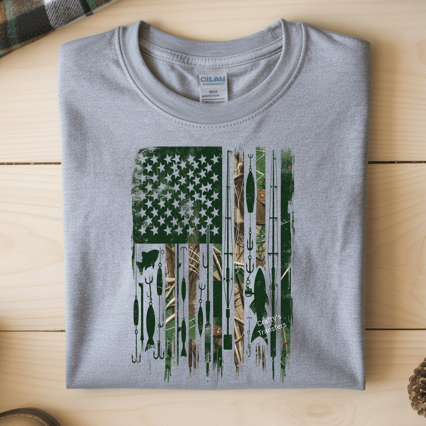 Fishing American Flag DTF Transfer | Camo USA Flag Heat Transfer for Anglers & Outdoorsmen