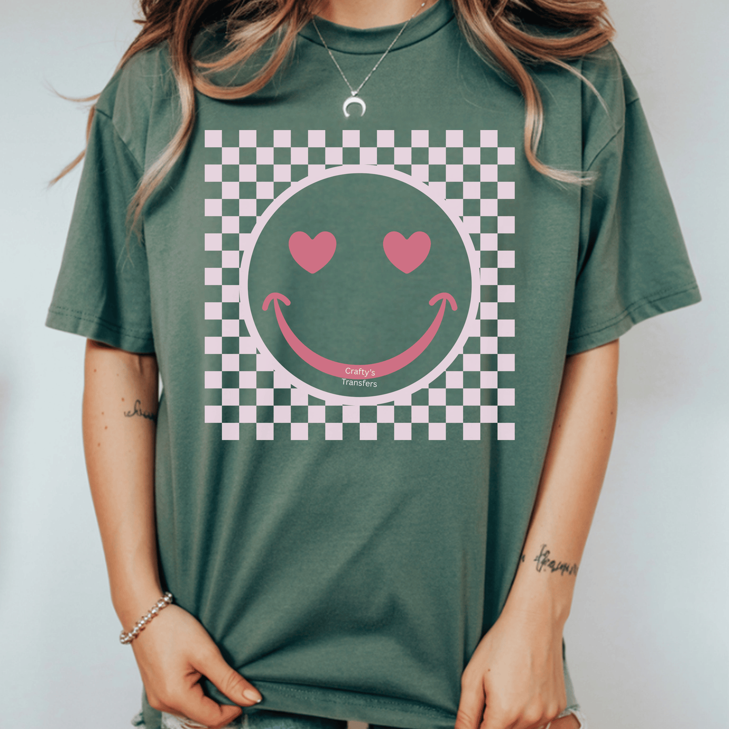 Heart Eyes Smiley Face DTF Transfer | Pink Checker Valentine Heat Press Design