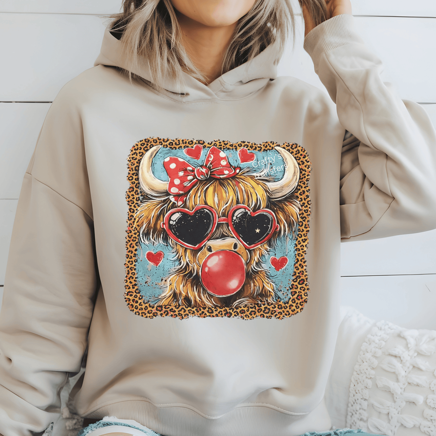 Valentine Highland Cow DTF Transfer | Cute Cow with Heart Glasses, Bow & Leopard Print Heat Press Design