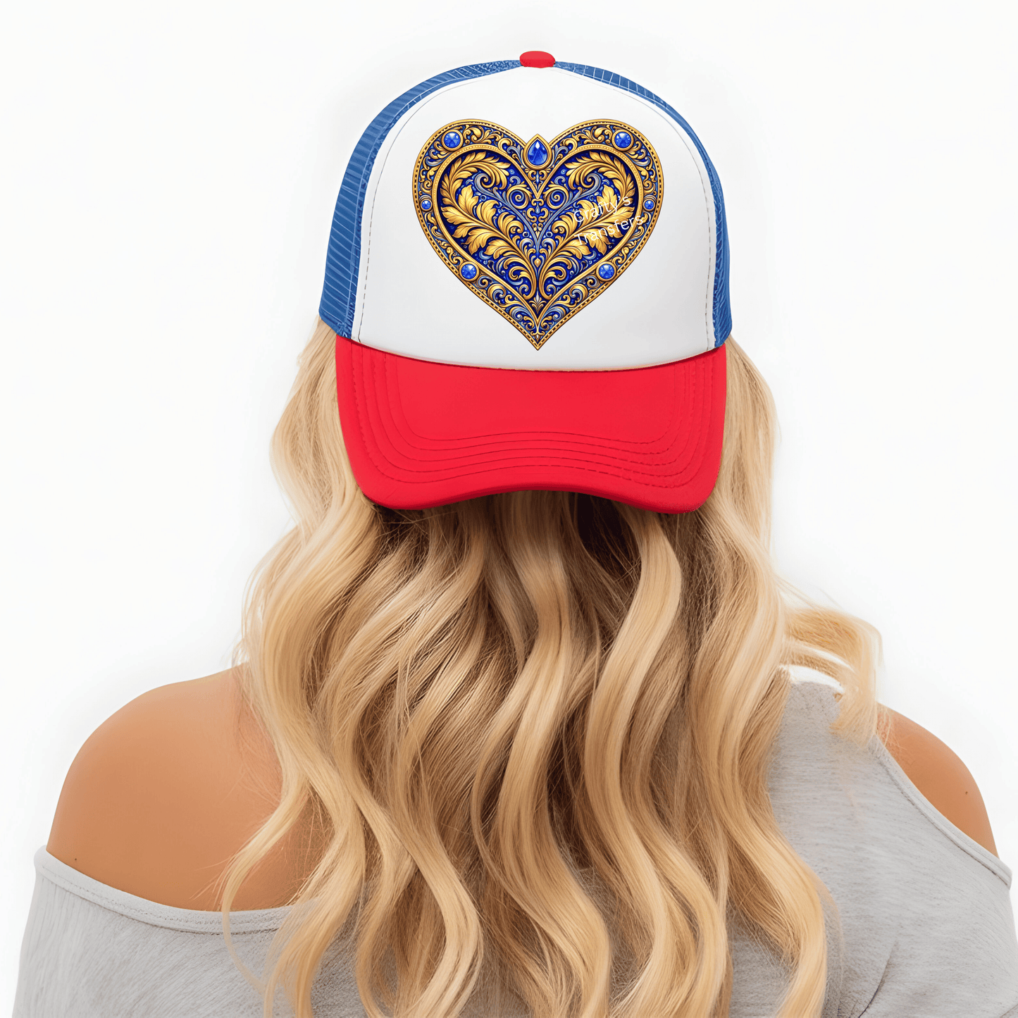 Blue & Gold Ornate Heart DTF Trucker Hat Transfer | Luxury Gem Scroll Heart Design