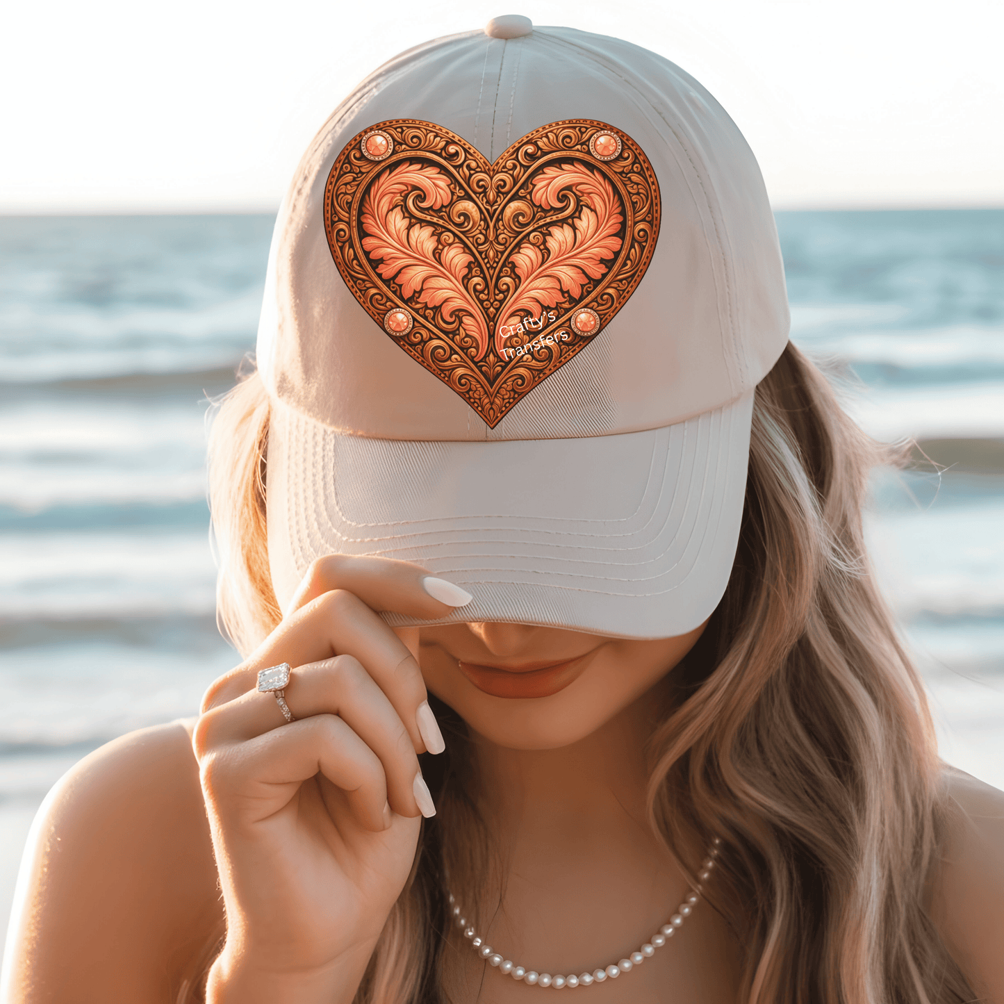 Ornate Bronze & Peach Heart DTF Trucker Hat Transfer | Western Tooled Heart Heat Transfer Design