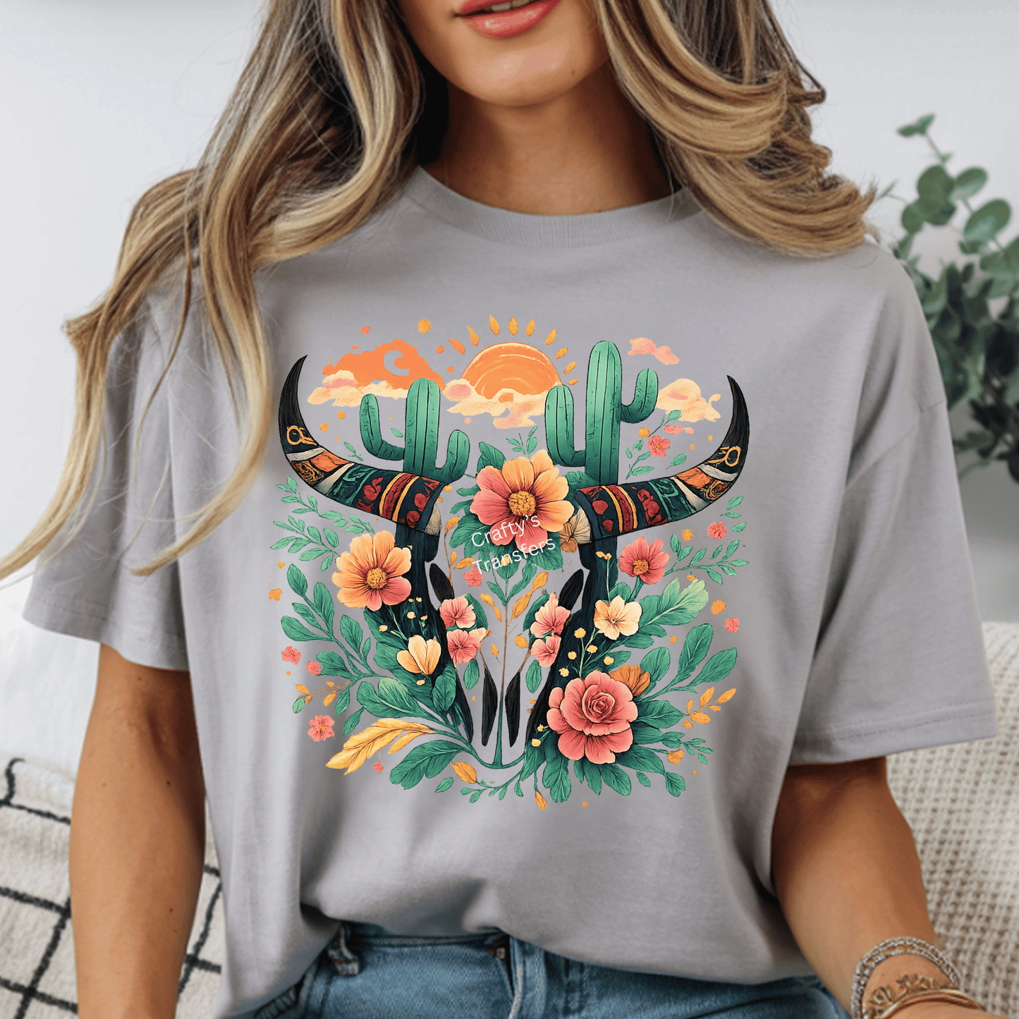 Western Floral Bull Skull DTF Shirt Transfer | Boho Cow Skull Desert Sun Design