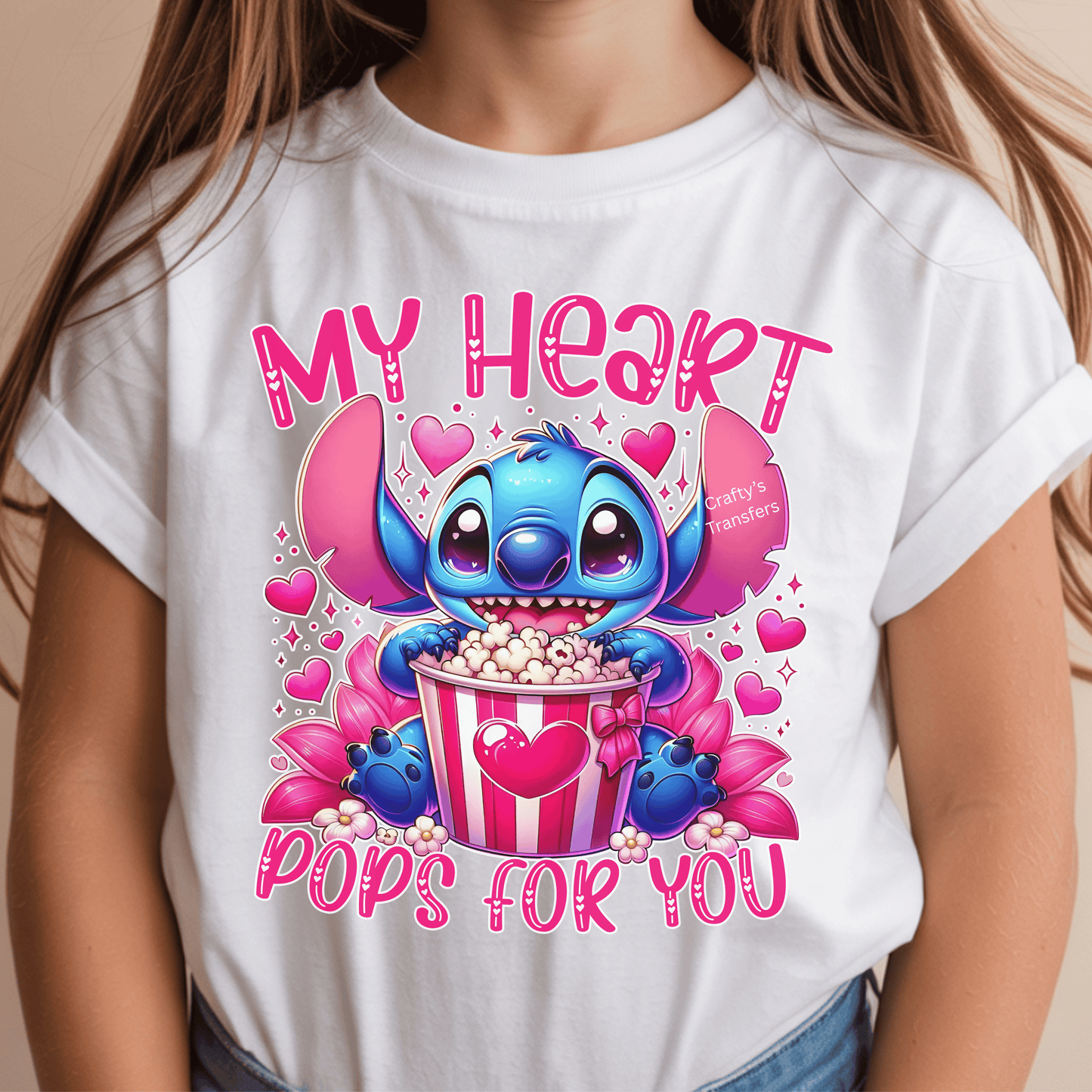 My Heart Pops for You DTF Shirt Transfer | Cute Valentine Popcorn Character Design