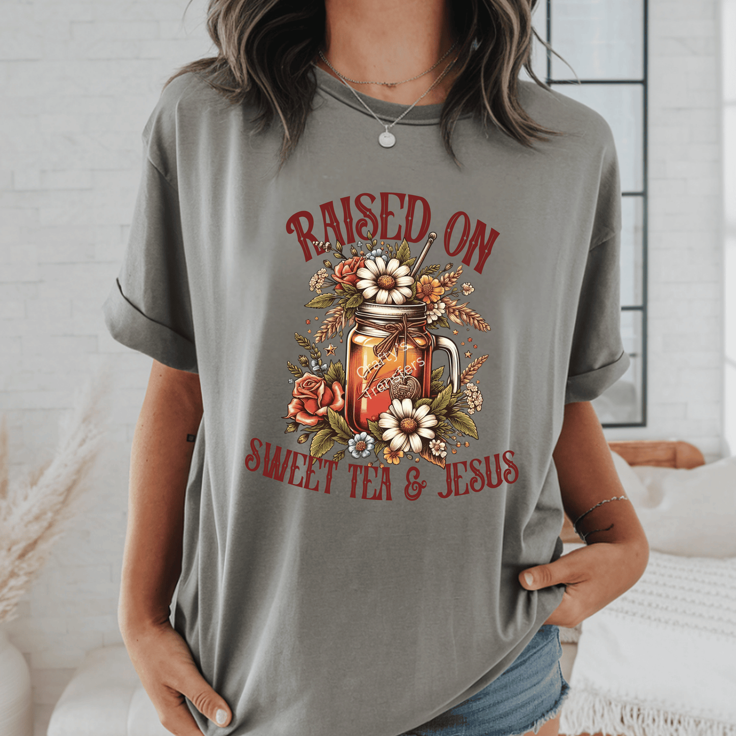 Raised on Sweet Tea & Jesus DTF Shirt Transfer | Southern Faith Floral Mason Jar Design