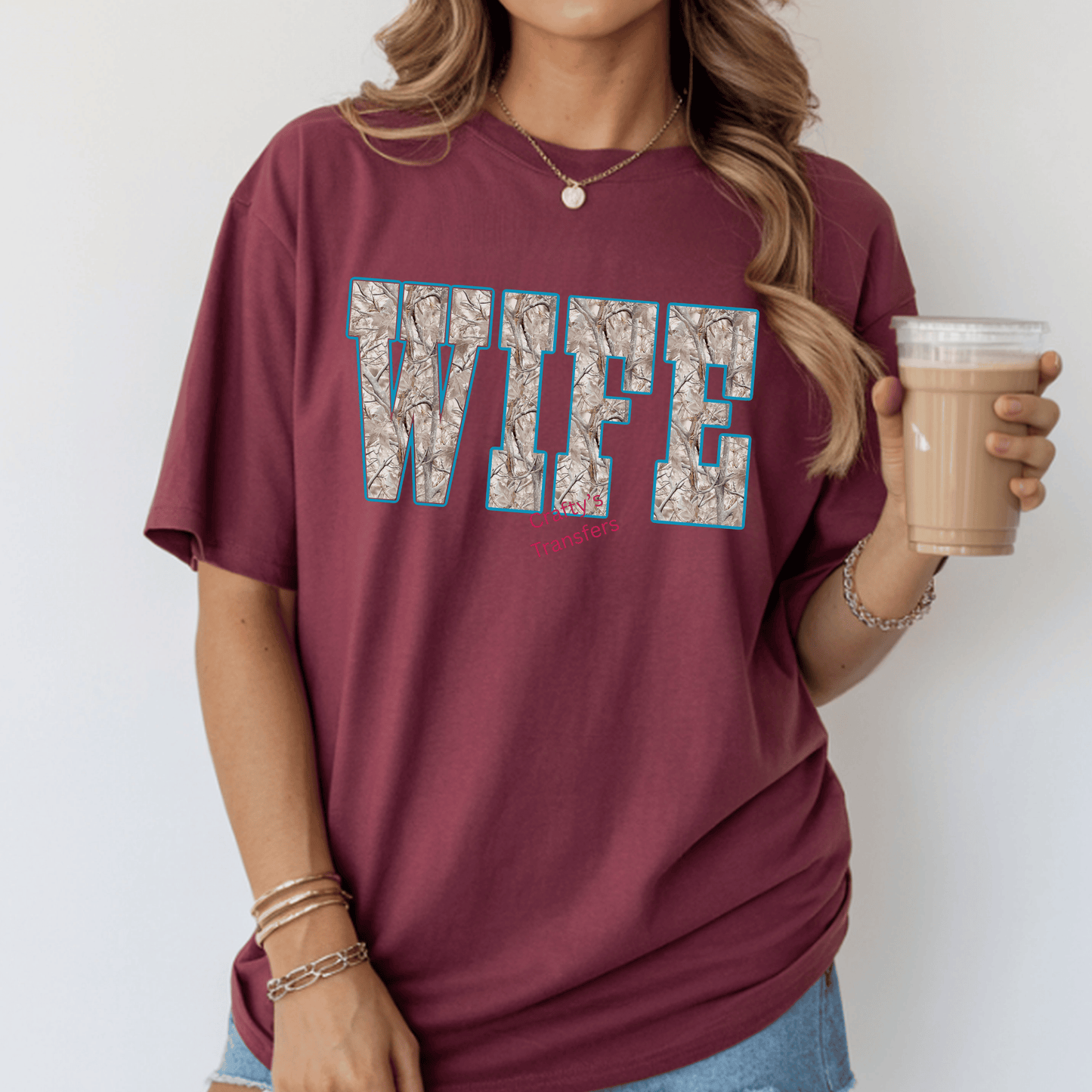 WIFE Camo DTF Shirt Transfer | Western Neutral Camouflage with Teal Outline Design