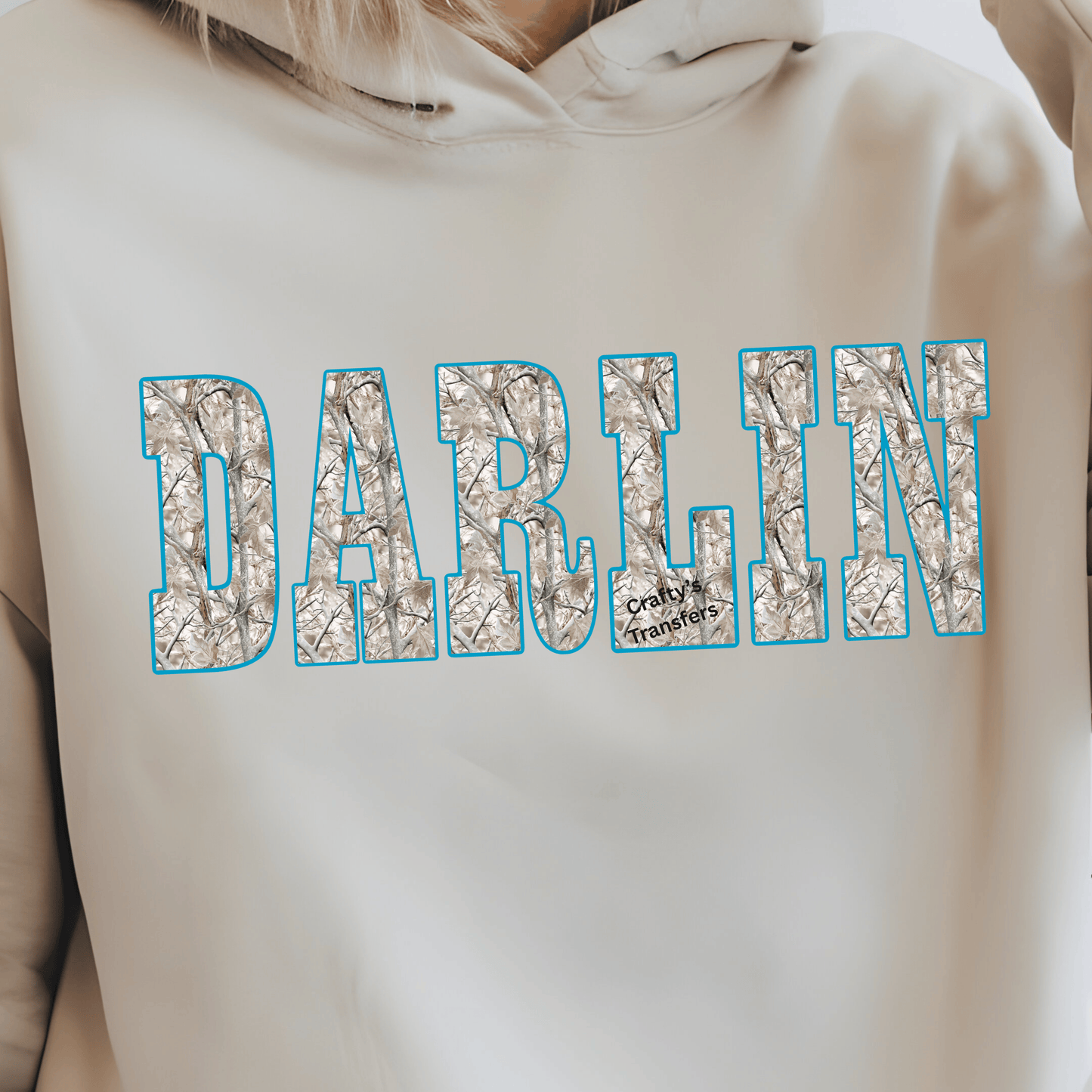 DARLIN’ Camo DTF Shirt Transfer | Western Neutral Camouflage with Teal Outline Design