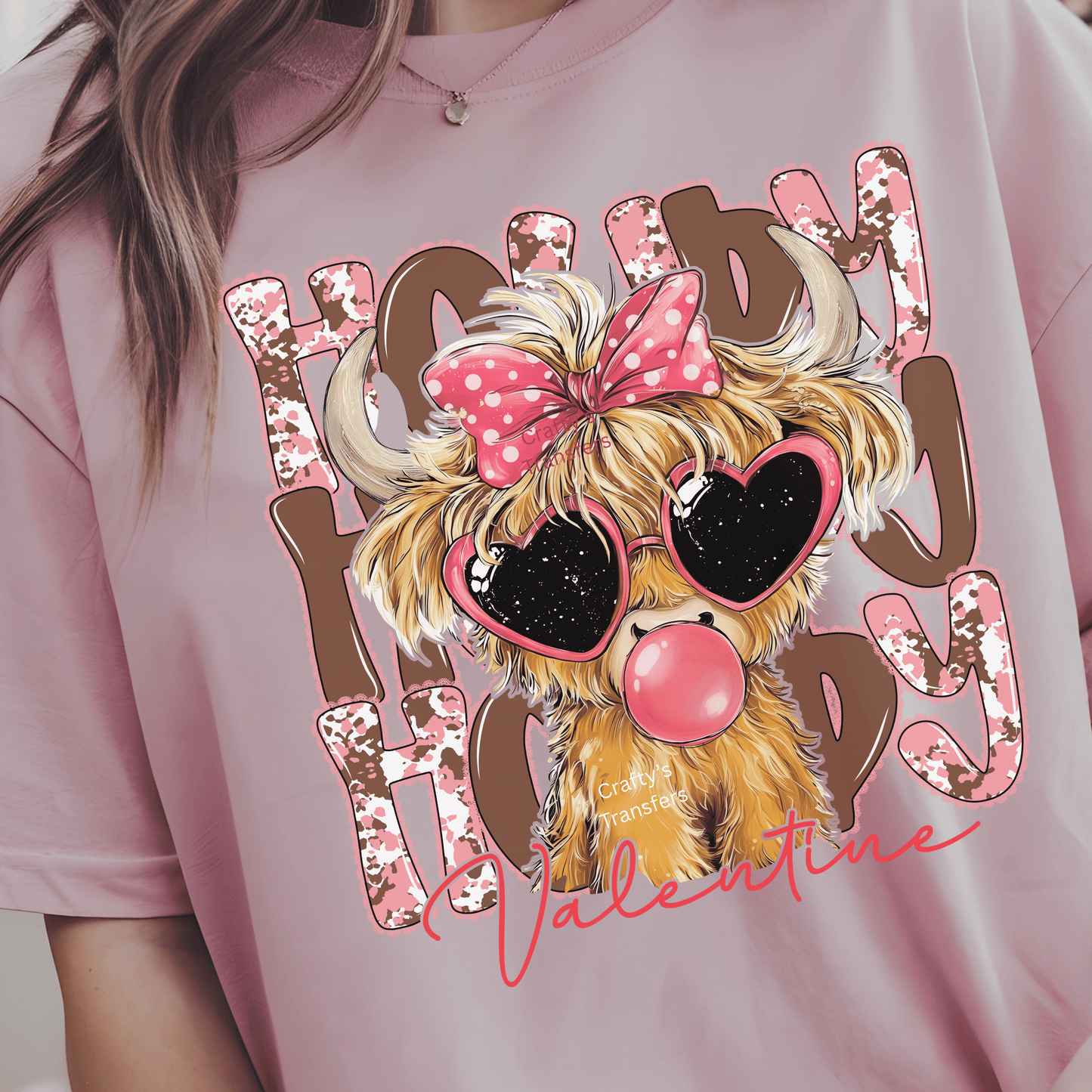 Howdy Valentine Highland Cow DTF Transfer | Pink Bow Cowgirl Valentine Shirt Heat Transfer