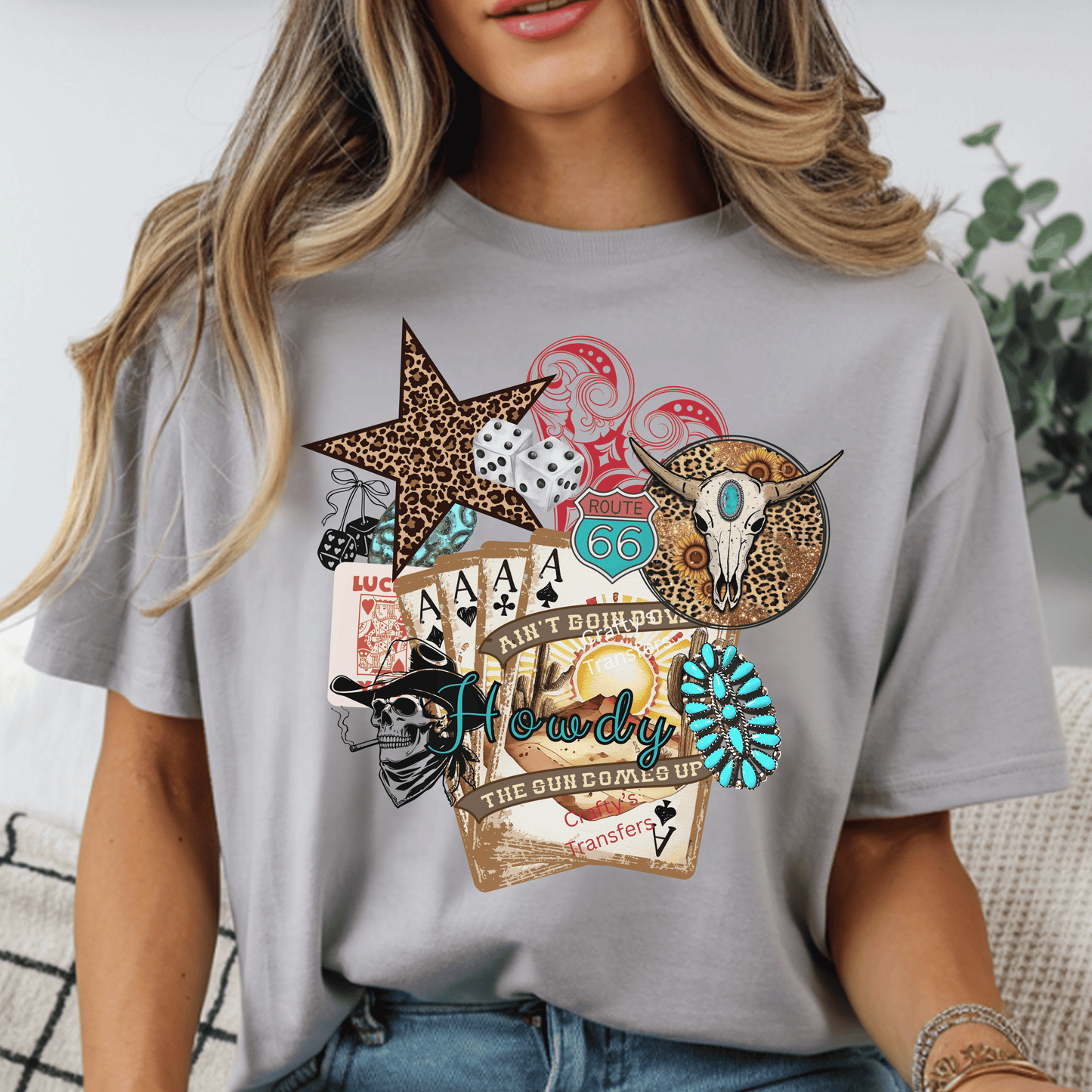 Howdy Western Collage DTF Shirt Transfer | Route 66 Cow Skull Dice & Cards | Western Heat Press Design