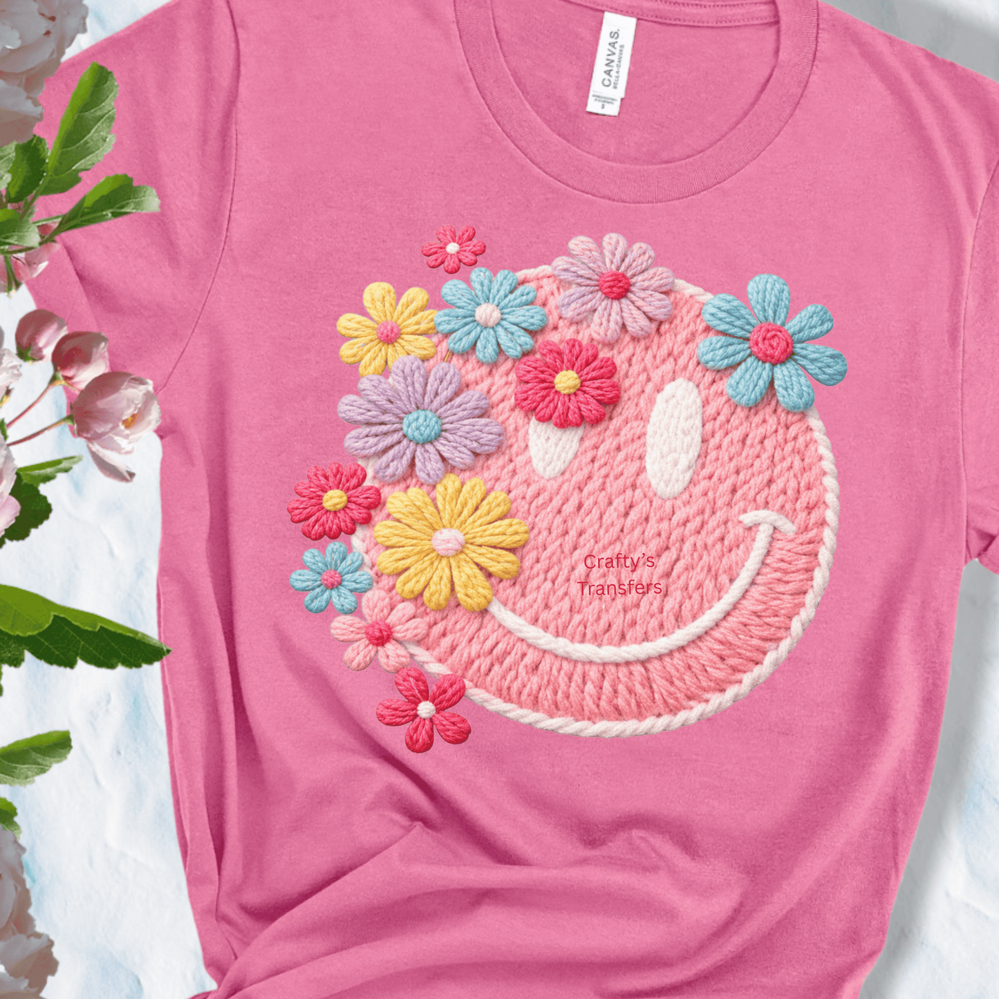 Faux Yarn Smiley Face DTF Shirt Transfer | Floral Smiley Heat Press Design | Cute Boutique Spring Graphic