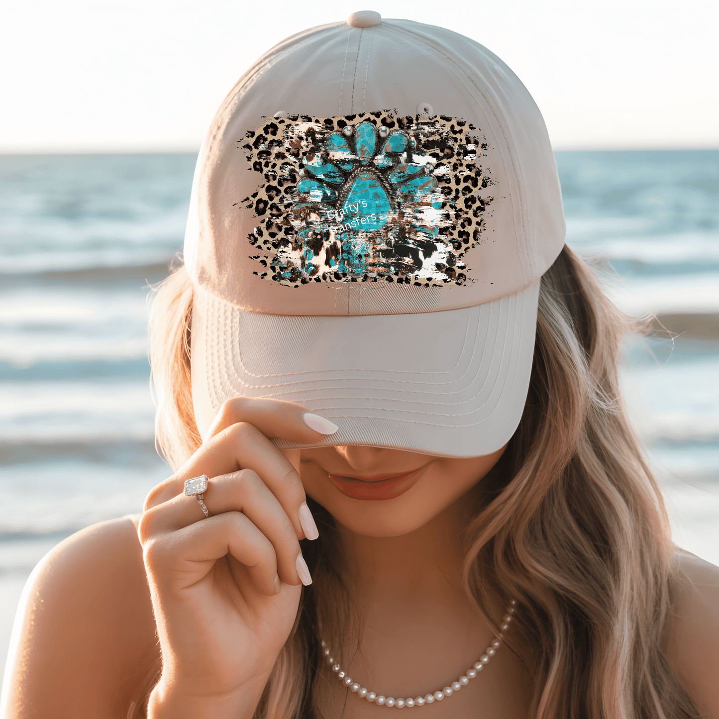 Turquoise Stone Leopard DTF Hat Transfer | Western Cowhide Cheetah Print Heat Transfer for Trucker Hats