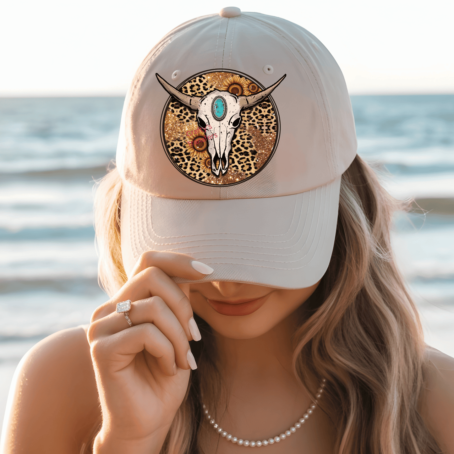 Turquoise Steer Skull Leopard DTF Hat Transfer | Western Sunflower Cowgirl Heat Transfer for Trucker Hats