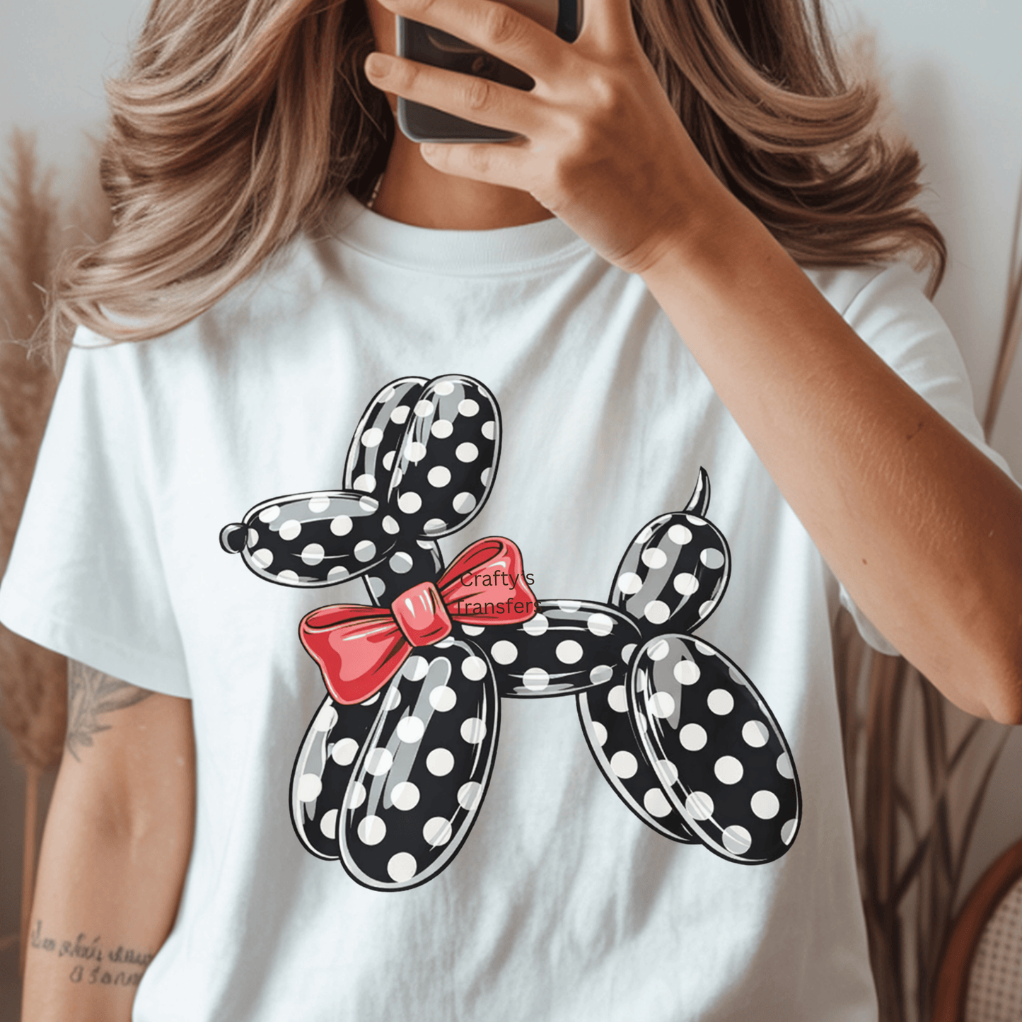 Polka Dot Balloon Dog DTF Shirt Transfer | Black & White Balloon Animal with Red Bow Heat Transfer