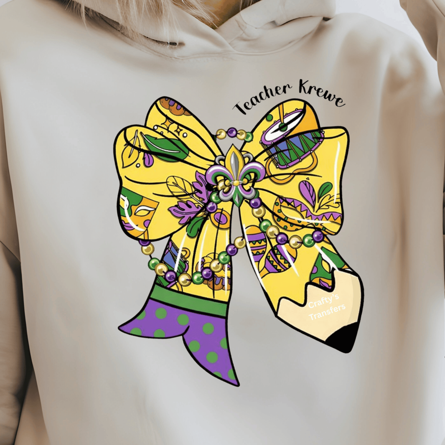 Teacher Krewe Mardi Gras Bow DTF Transfer | Teacher Mardi Gras Shirt Design | Louisiana School Spirit Heat Transfer