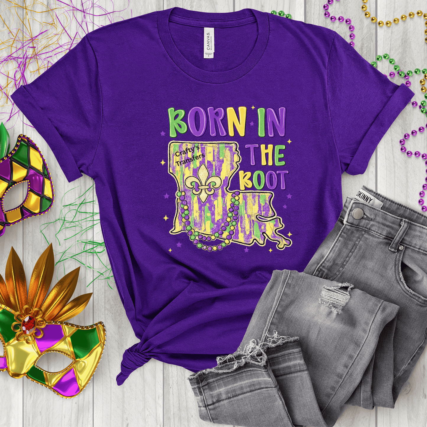 Born in the Boot Mardi Gras DTF Transfer | Louisiana State Mardi Gras Shirt Design | Purple Green Gold Heat Transfer