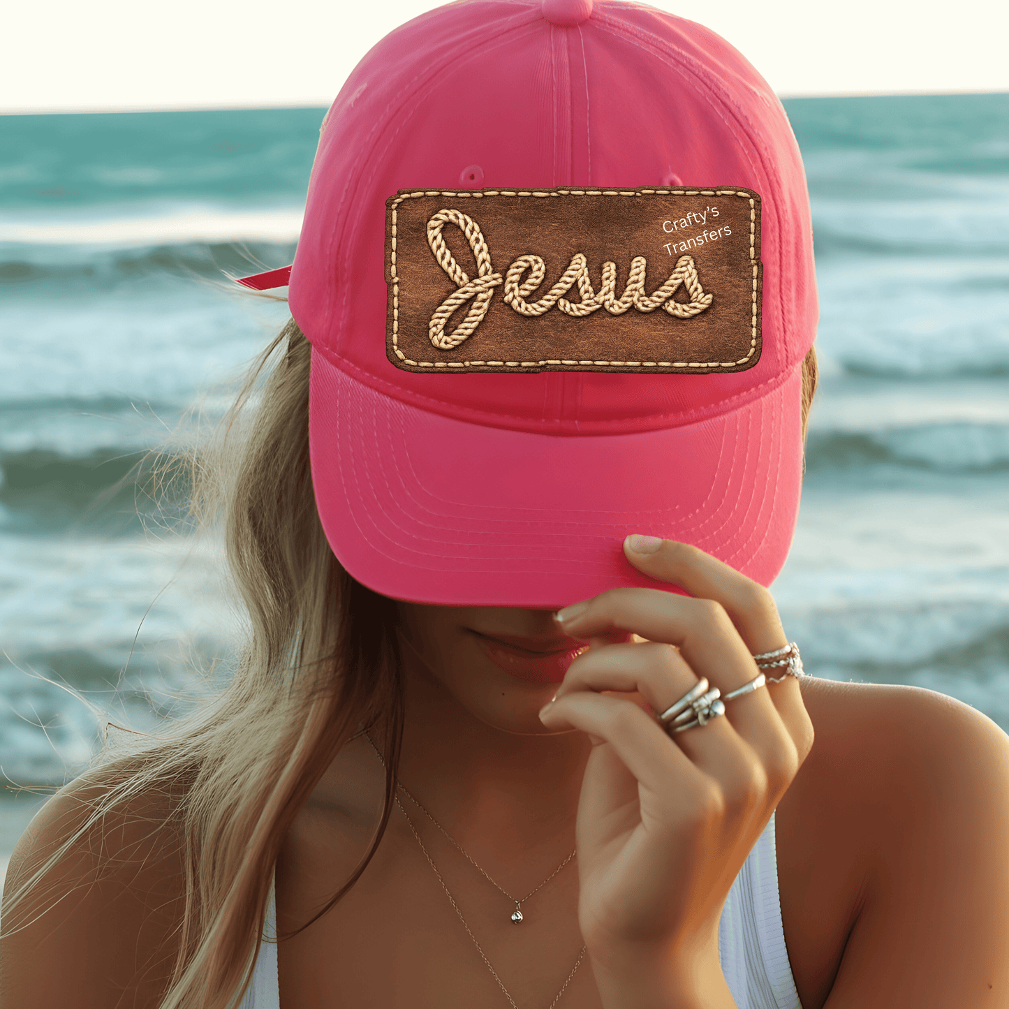 Jesus Faux Leather Rope DTF Hat Transfer | Western Christian Hat Patch | Faith Inspired Heat Transfer