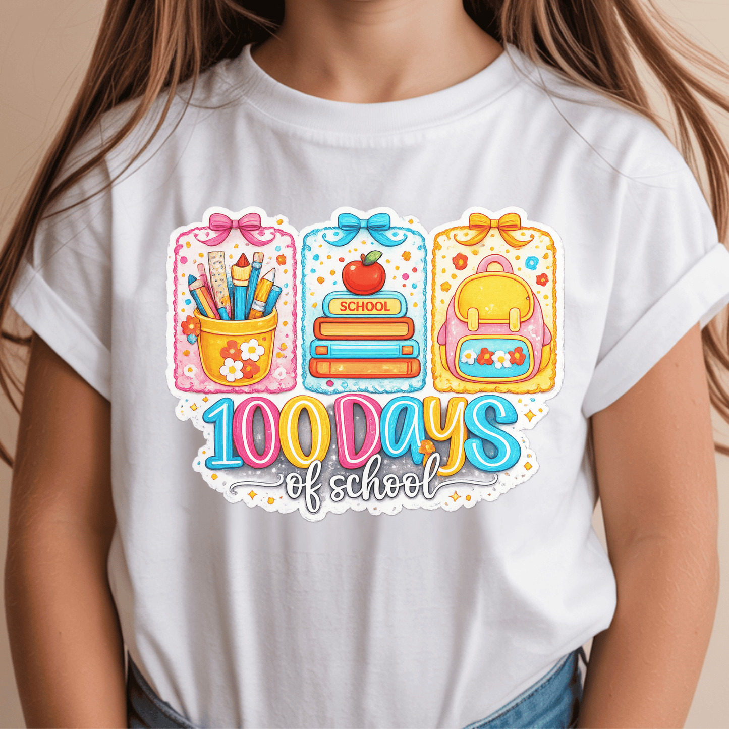 100 Days of School DTF Transfer | Stamp Style Teacher Shirt Design | Colorful Classroom Heat Transfer