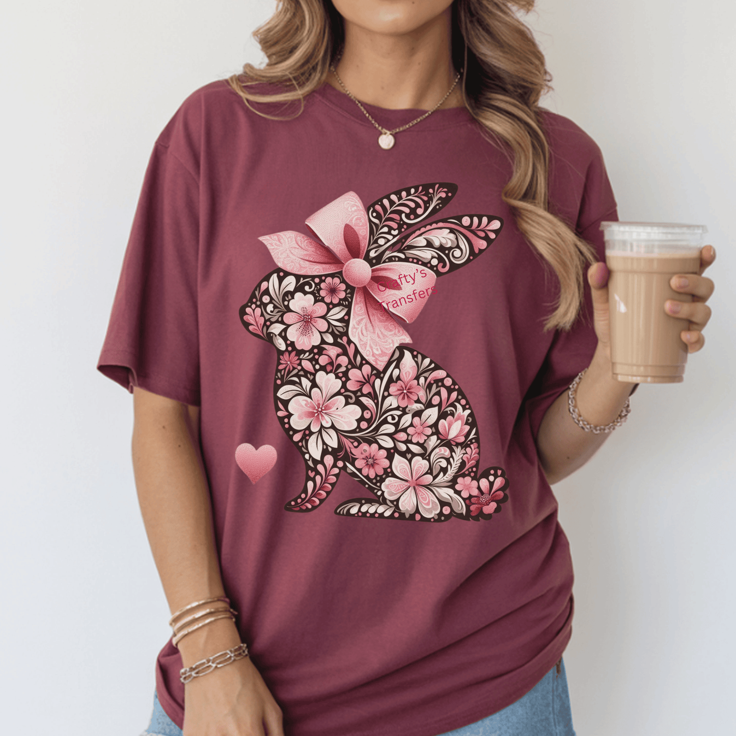 Floral Easter Bunny DTF Transfer with Pink Bow | Vintage Flower Rabbit Shirt Transfer | Spring Easter Heat Transfer