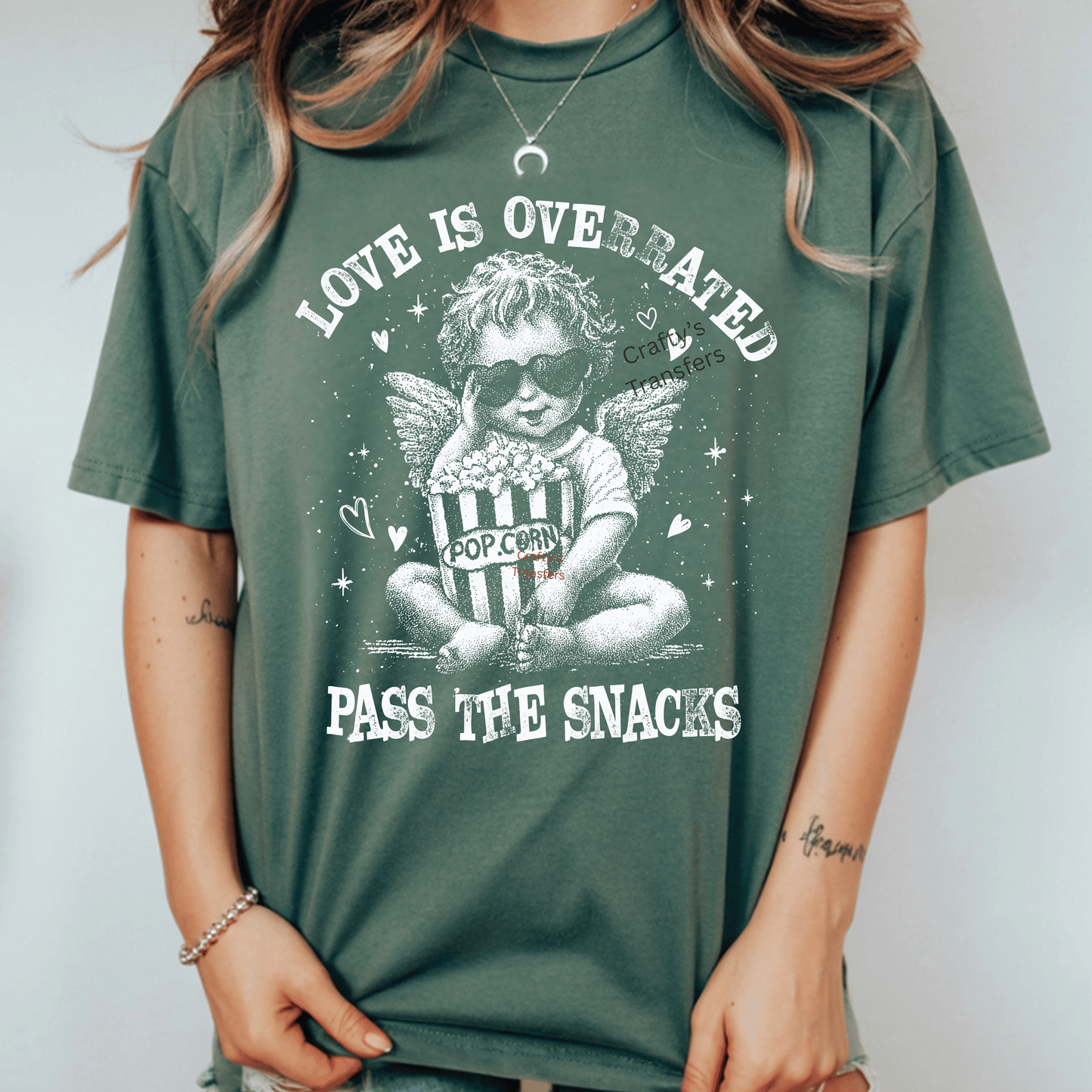 Love Is Overrated DTF Shirt Transfer – Pass the Snacks Cupid Graphic | Ready to Press Heat Transfer