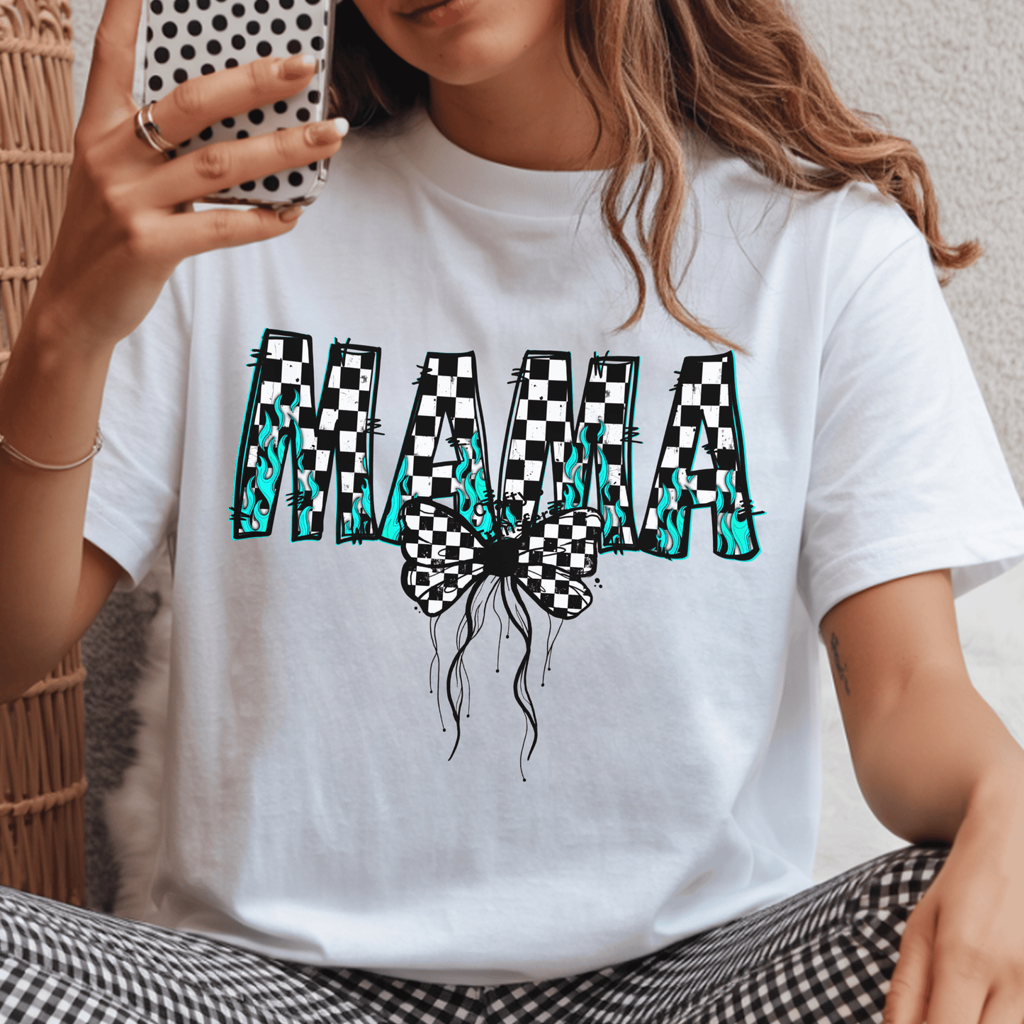 Mama Checkerboard Bow DTF Transfer – Teal Flame Mama Shirt Transfer for Sublimation & Heat Press