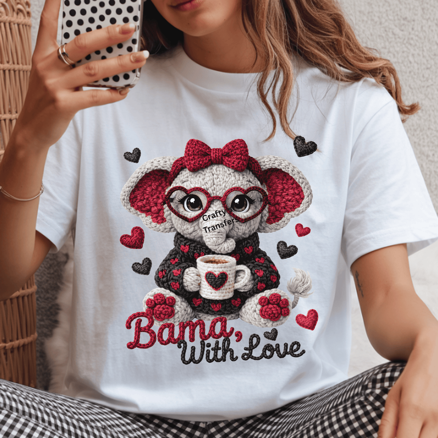 Bama With Love Elephant DTF Transfer – Crochet Valentine Elephant Shirt Transfer – Cute Bama Heat Press Design
