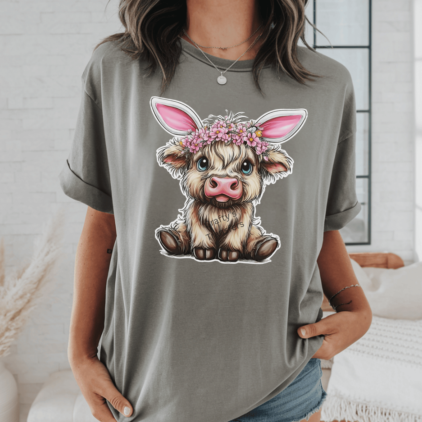 Cute Highland Cow Bunny DTF Transfer | Floral Easter Cow Heat Transfer Design