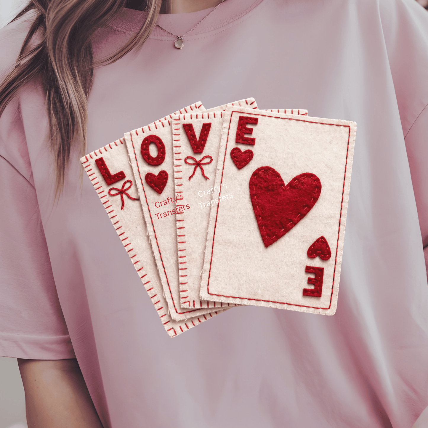 Love Playing Cards DTF Shirt Transfer – Valentine Heart Cards Sewing Style Heat Transfer | Ready to Press