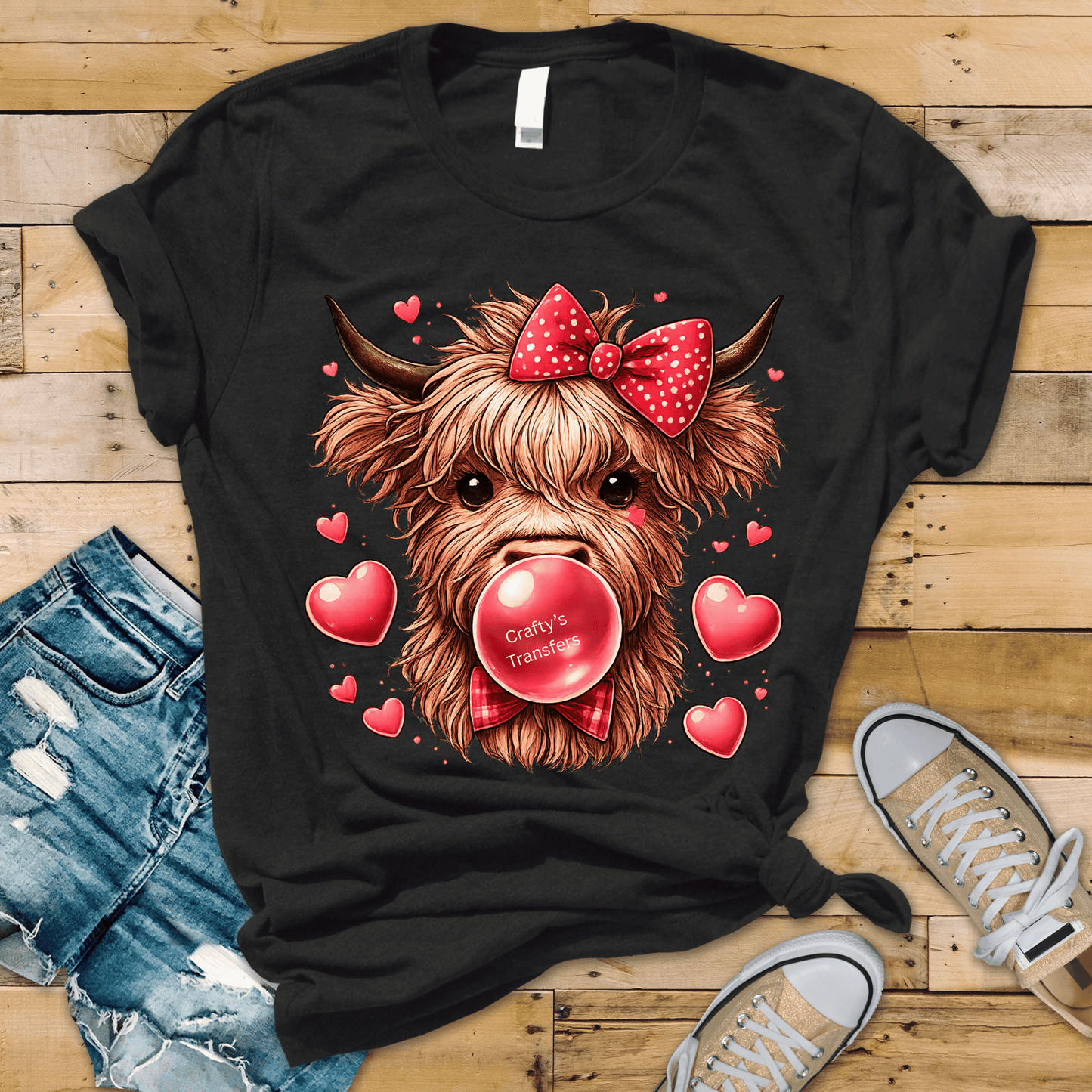 Valentine Bubble Gum Highland Cow DTF Transfer – Cute Cow Shirt Design with Bow, Ready to Press Heat Transfer