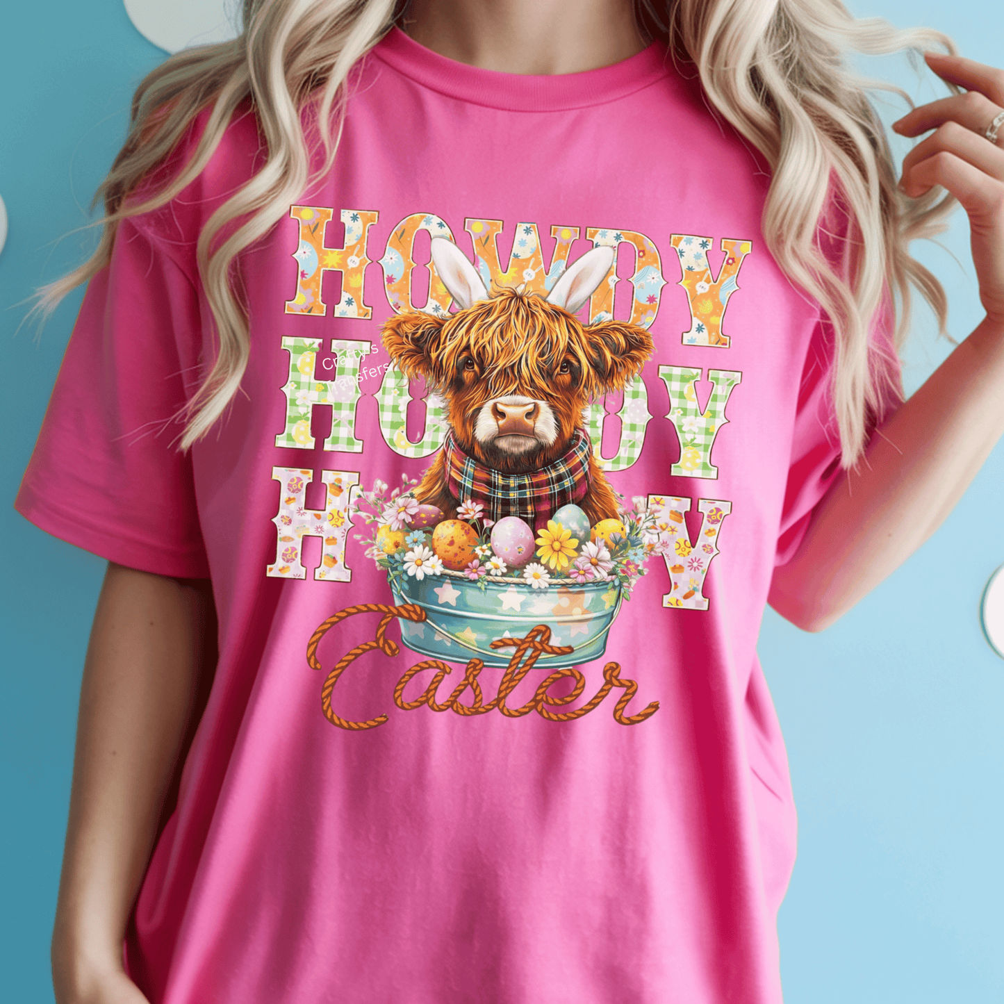 Howdy Easter Cow DTF Transfer – Highland Cow Easter Shirt Design, Western Spring Sublimation Look, Ready to Press Heat Transfer