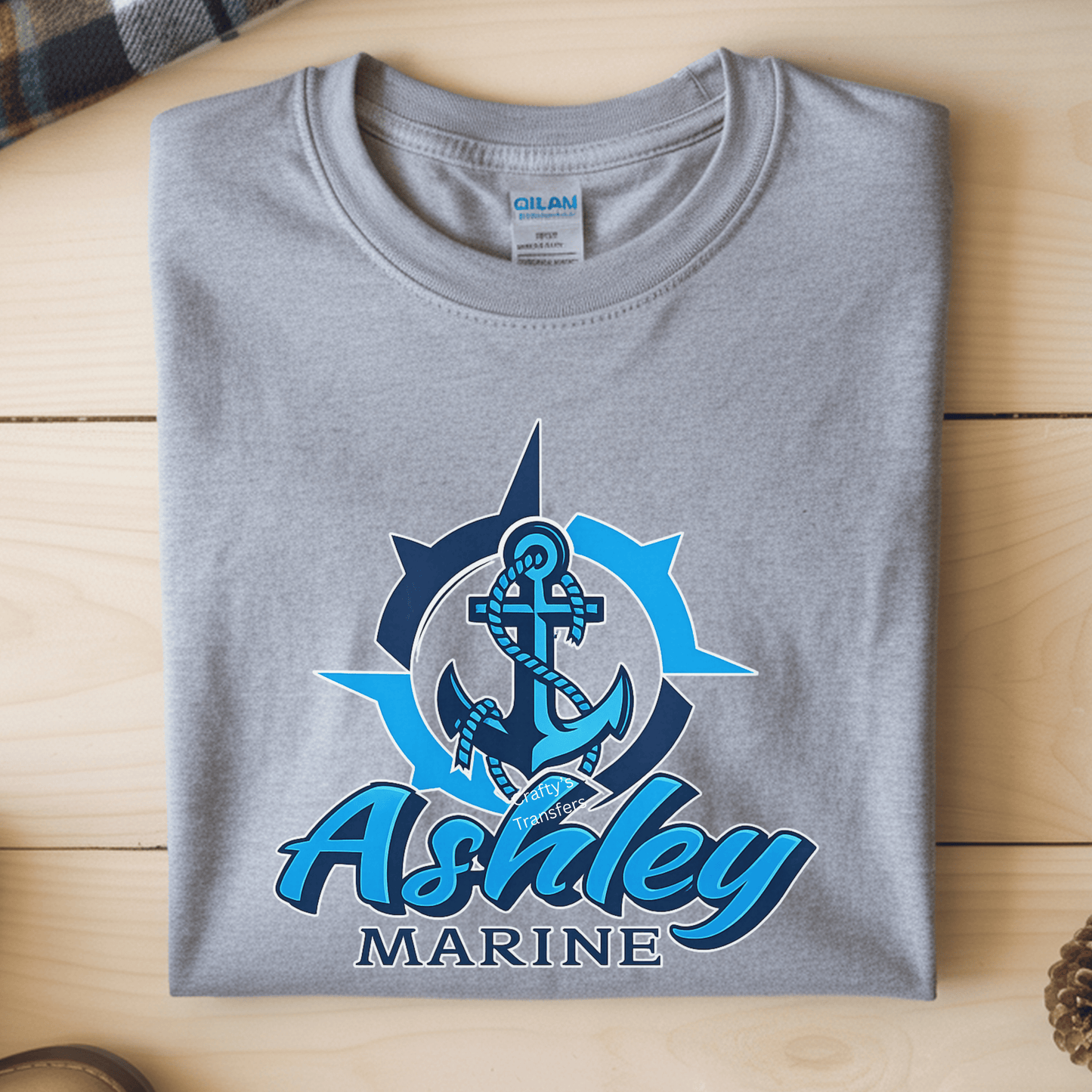 Ashley Marine Logo DTF Transfer | Nautical Anchor Compass Graphic | Custom Marine Business Heat Transfer