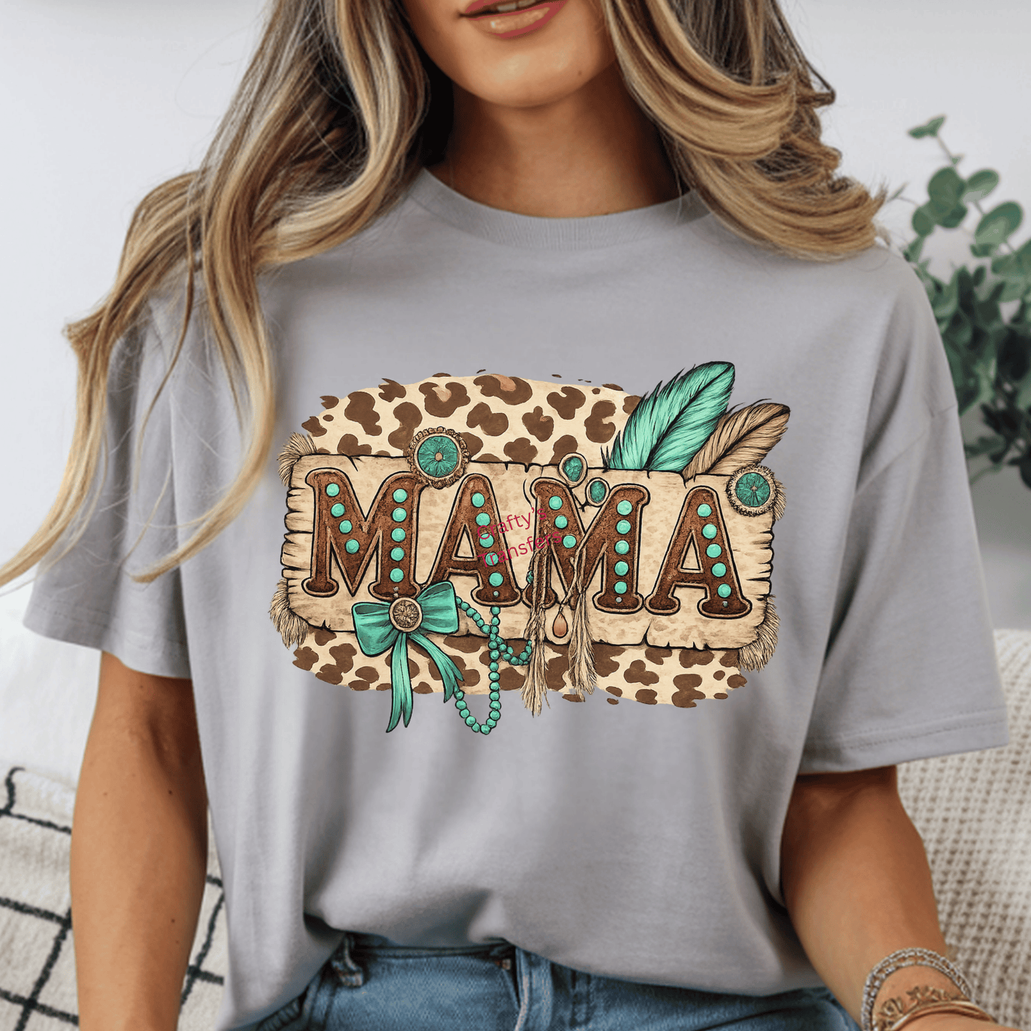 Mama Western DTF Transfer | Turquoise & Leopard Faux Leather Patch Style | Cowgirl Mama Graphic Heat Transfer