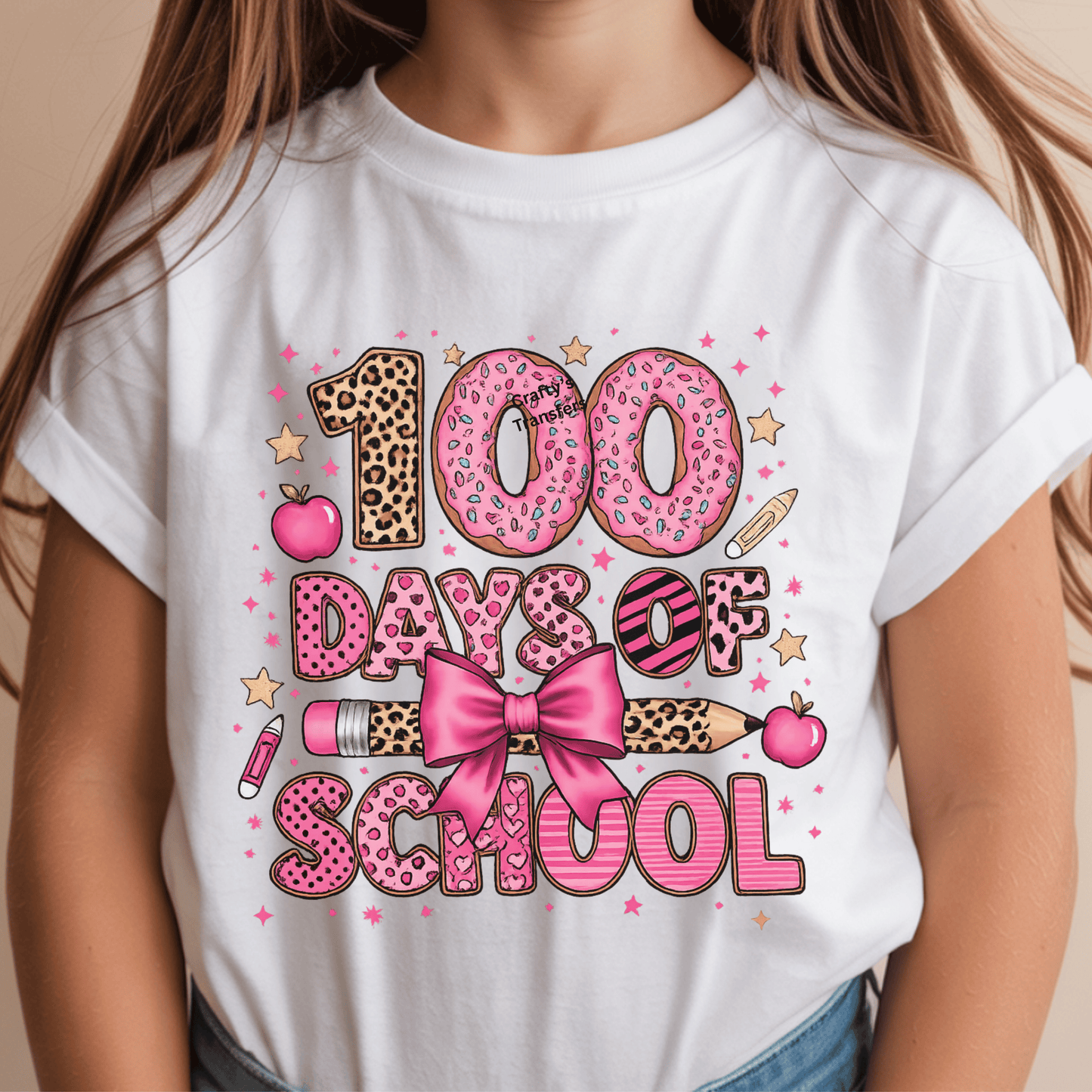 100 Days of School DTF Transfer | Pink Leopard Bow Pencil Teacher Graphic | 100th Day Shirt Heat Transfer