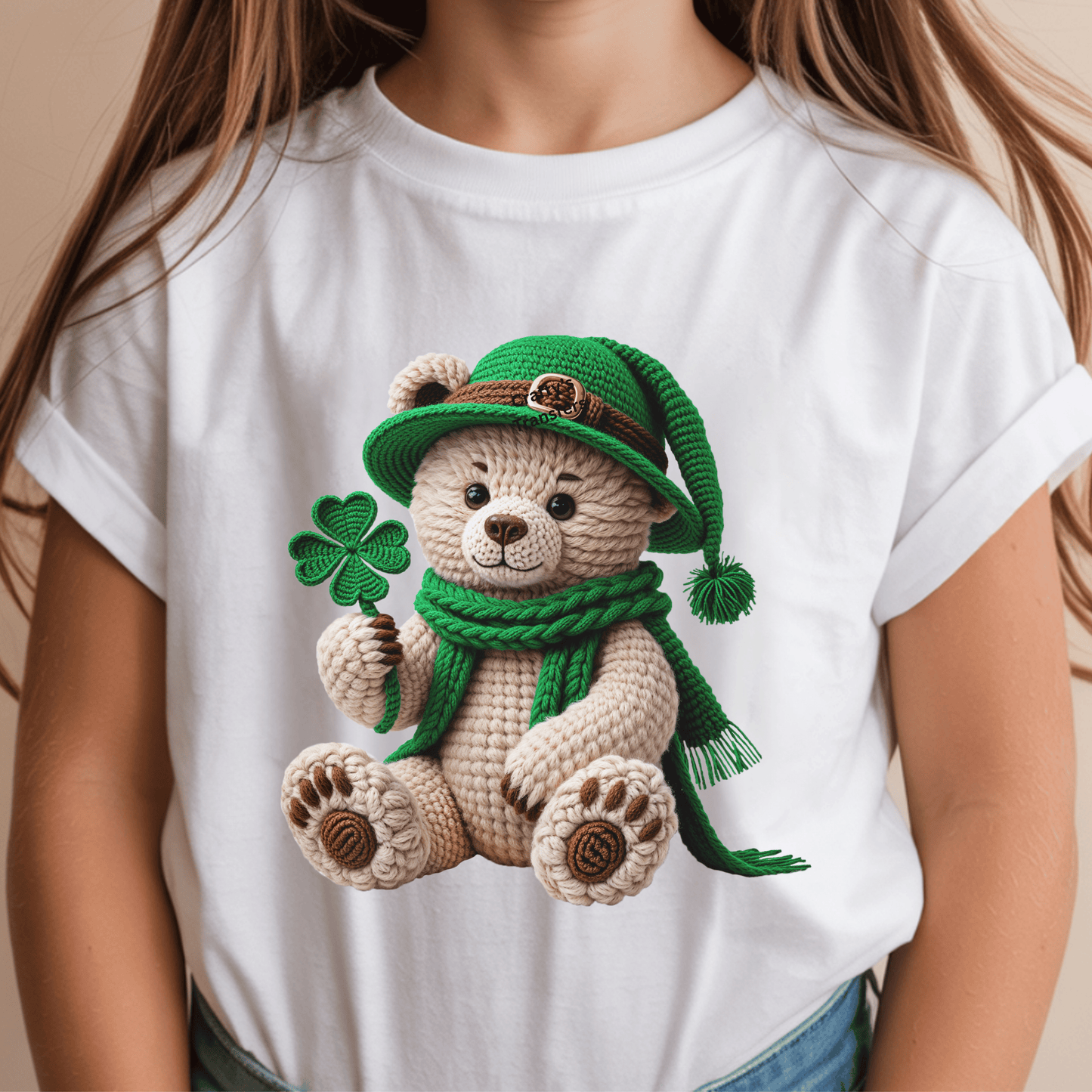 St. Patrick’s Day Teddy Bear DTF Transfer | Crochet Plush Bear Shamrock Design | St Paddy’s DTF Heat Transfer