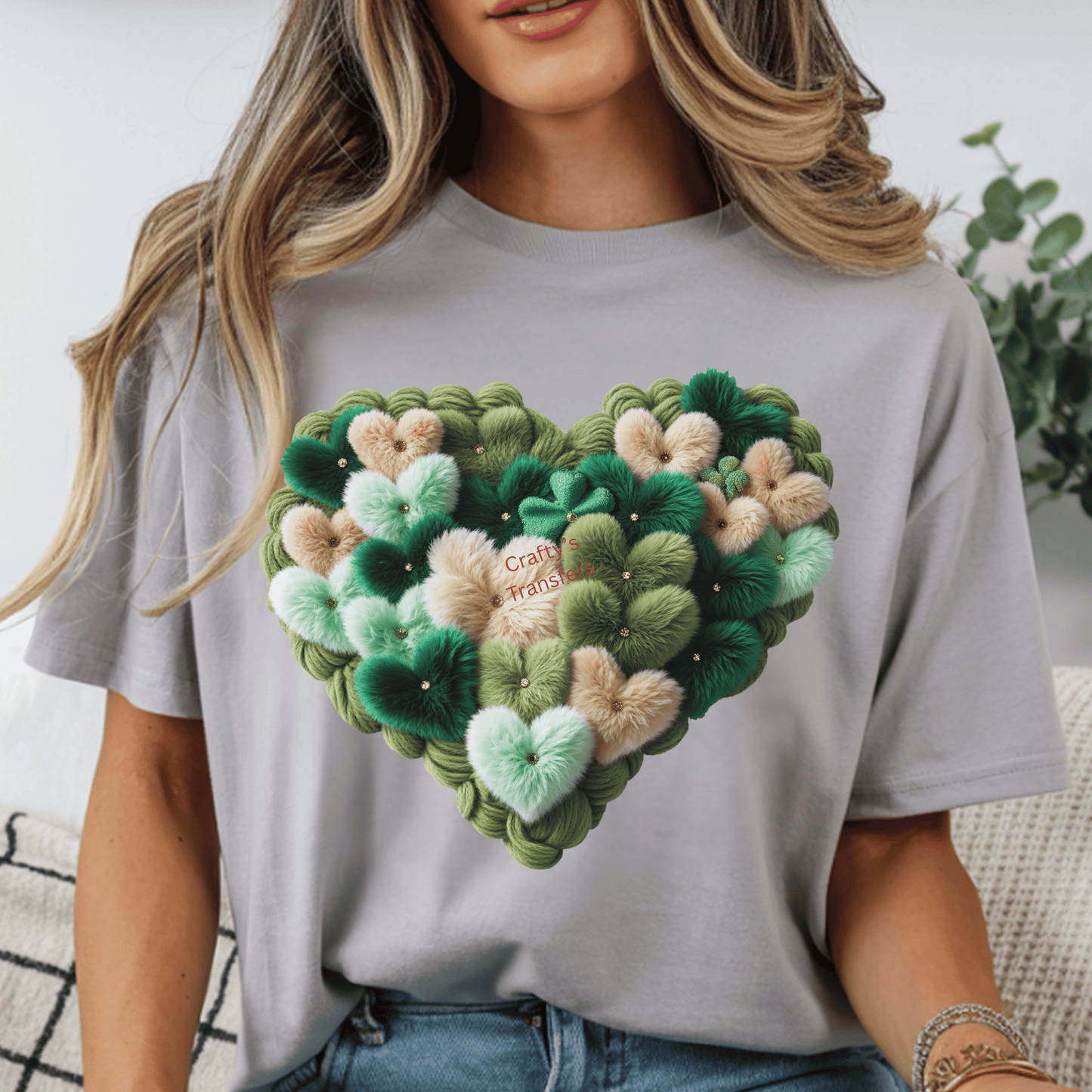 St. Patrick’s Day Faux Yarn Heart DTF Transfer | Green Clover Pom Texture | St Paddy’s Heat Transfer