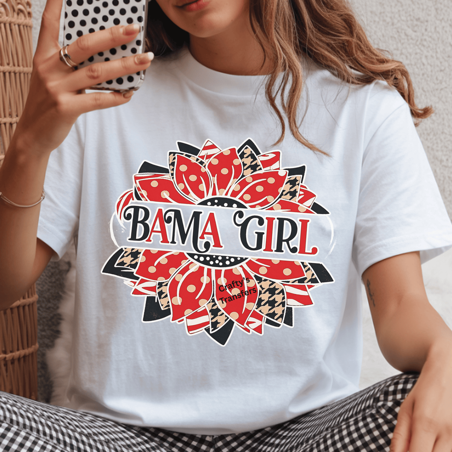 Bama Girl DTF Transfer | Alabama Floral Bow Design | Red & Black Boutique Game Day Heat Transfer