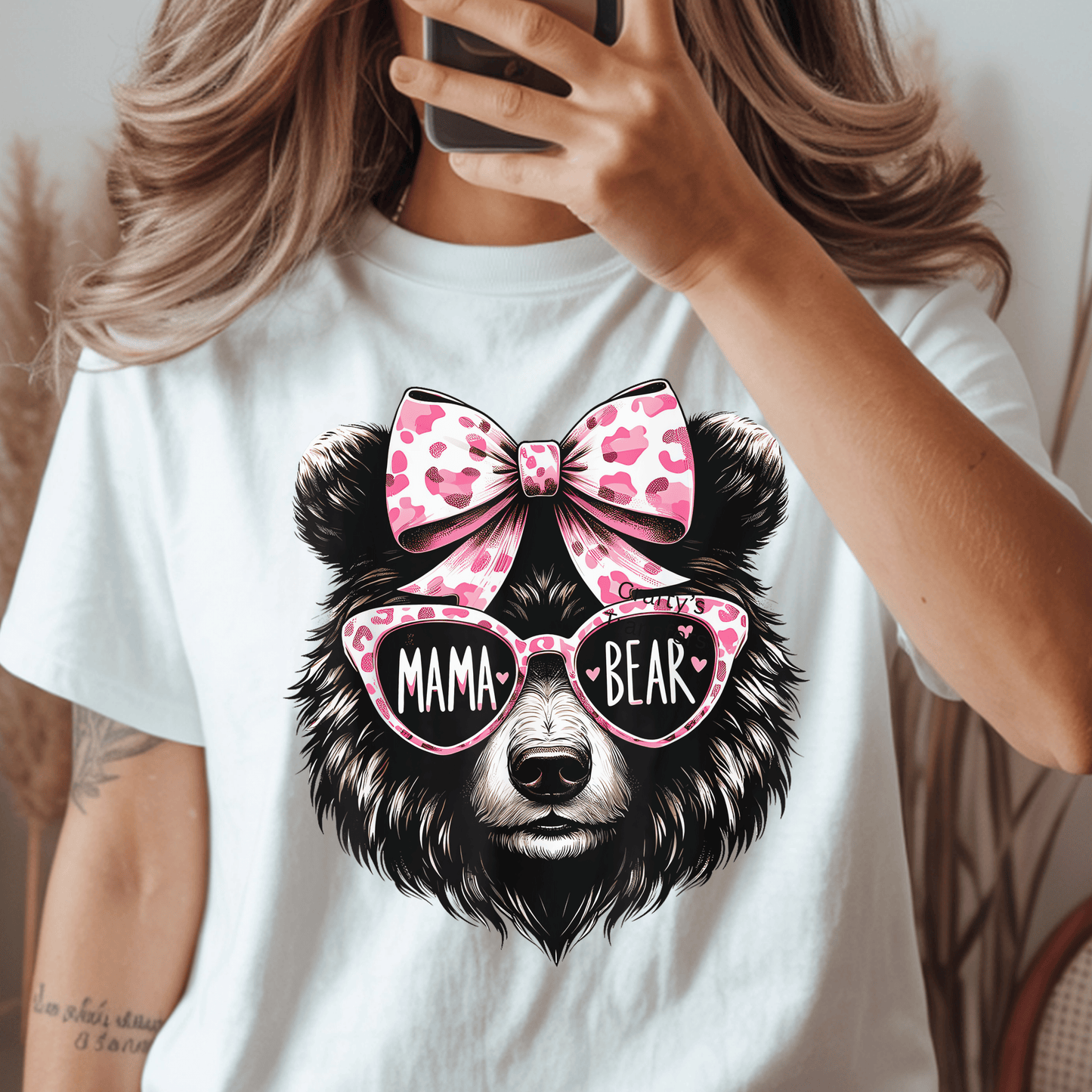 Mama Bear DTF Transfer | Pink Leopard Bow Bear with Sunglasses | Trendy Motherhood Heat Transfer