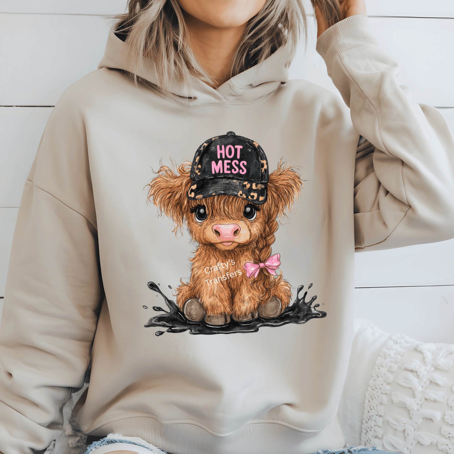 Hot Mess Highland Cow DTF Transfer | Cute Cow Wearing Hat with Bow | Funny Mama Boutique Heat Transfer