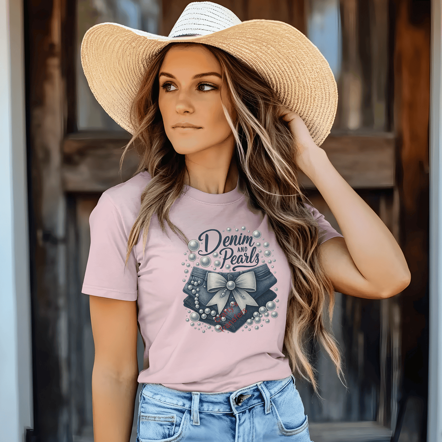 Denim and Pearls DTF Transfer | Girly Western Jean Bow Heat Transfer | Boutique Shirt Design